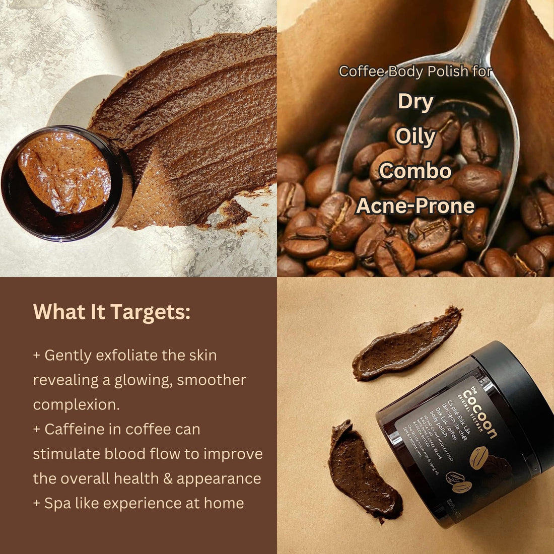 Cocoon Dak Lak Coffee Body Polish with Coconut & Shea Butter. 100% Vegan Exfoliating Scrub for Smooth & Glowing Skins | Reduce Stretch Marks, Acne & Cellulite | Gift for Coffee Lovers (6.76 fl oz)
