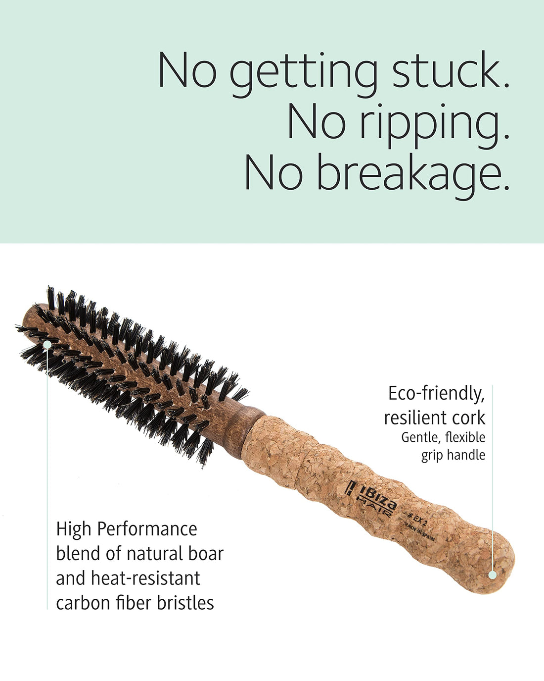 Ibiza Hair Professional Round Boar Hair Brush (EX2, 40mm), Lightweight with Reinforced Bristles & Cork Handle, For Bangs & Hair Lines, Add Texture & Shine for Short to Medium Hair