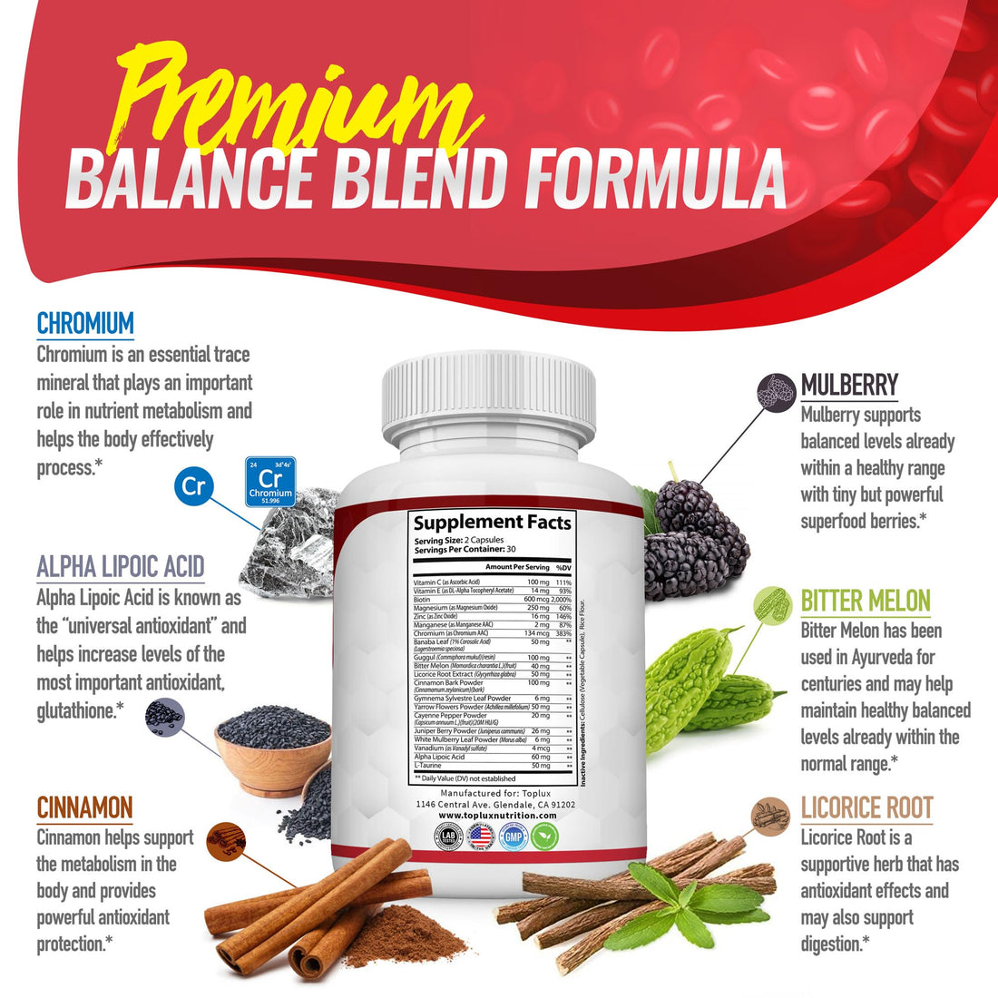 Premium Natural Complex Supplement - Natural 20 Herbs and Vitamins with Cinnamon Non-GMO Vegan, for Men Women, 60 Capsules