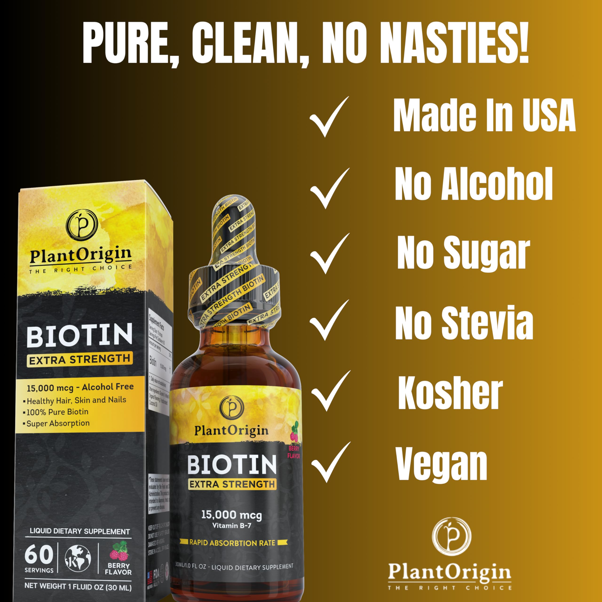 PLANTORIGIN Extra Strength15,000 MCG Biotin Liquid Drops - Promotes Hair Growth, Radiant Skin & Strong Nails, Vegan & Kosher, Berry Flavor - 5X Absorption, 60 Servings
