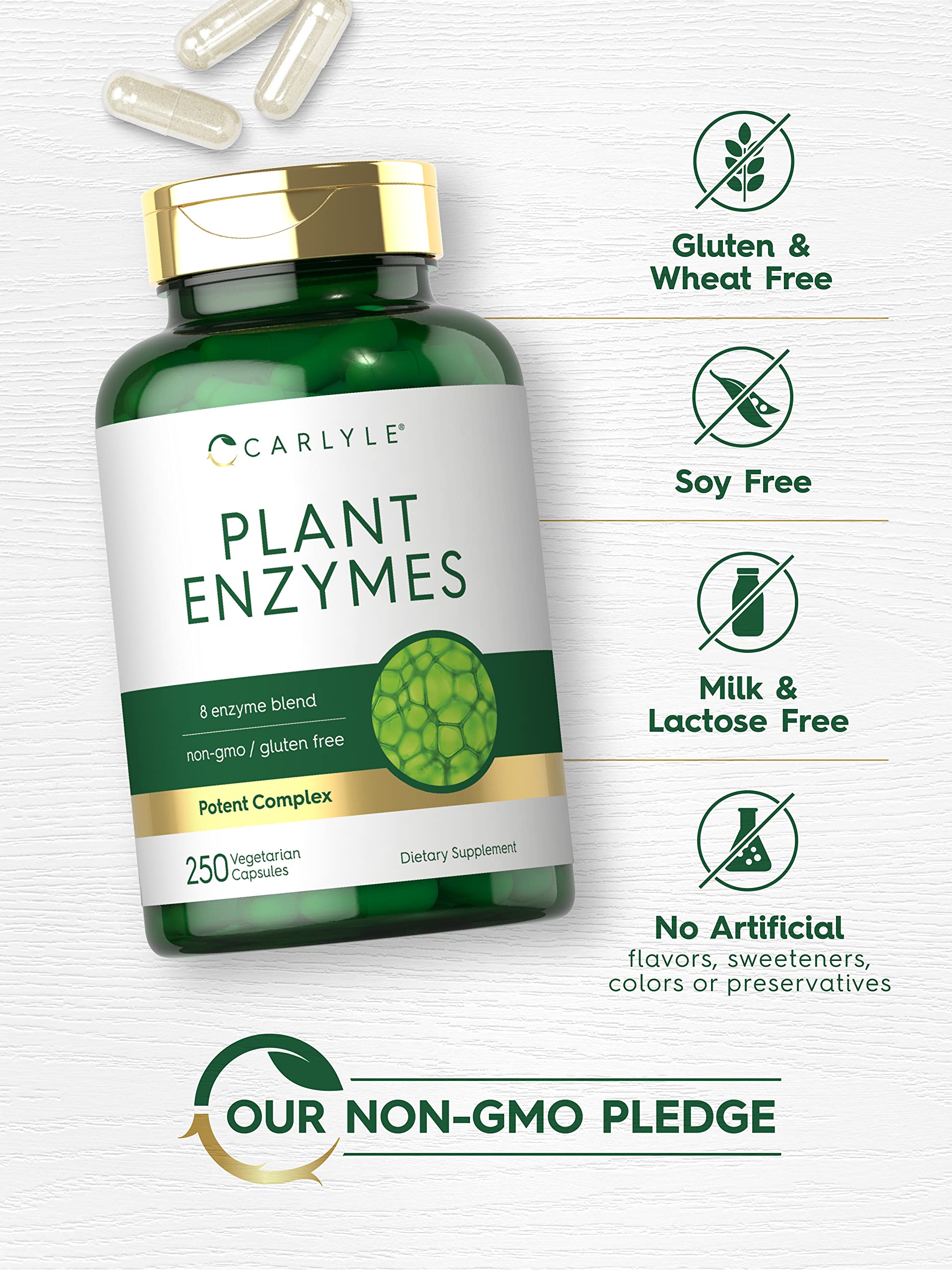 Carlyle Plant Enzymes with Protease, Papain, Lactase and Bromelain | 250 Capsules | Multi Enzyme Blend | Non-GMO & Gluten Free Supplement