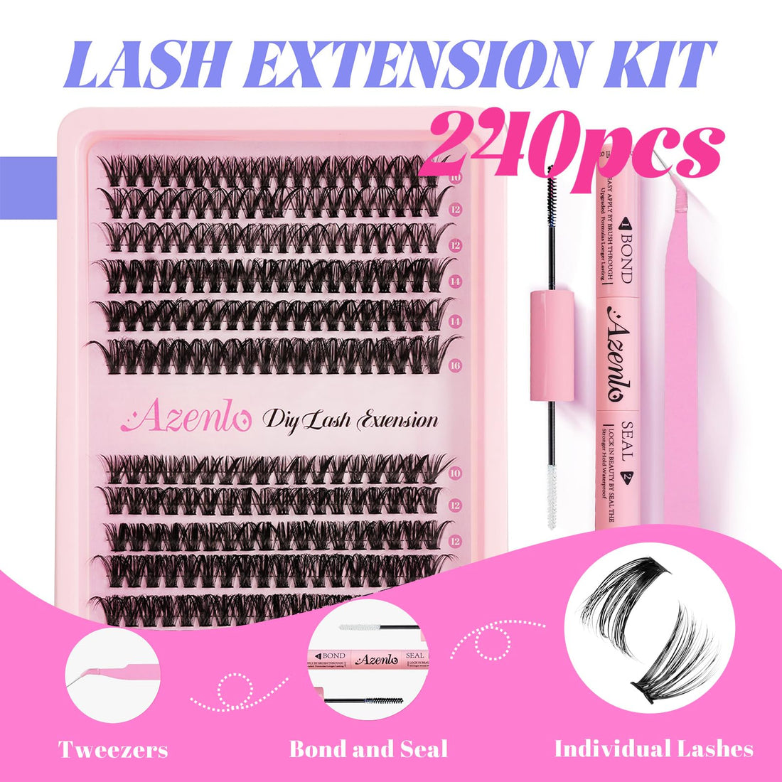 Azenlo Lash Extensions Cluster DIY Lashes 240pcs 40D 60D 10-16mm Eyelash Clusters Individual Lashes Lash Kit Think Band Lash Kit(40D+60D Kit)