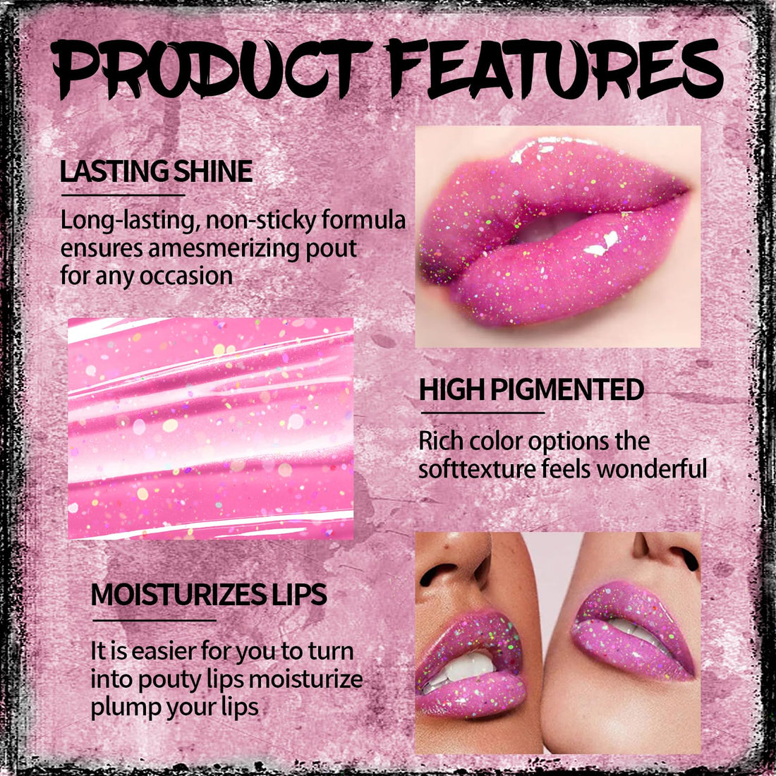 HOSAILY Glitter Color Changing Lip Oil with Black Lip Liner Set, Goth Moisturizing High Shine Lip Gloss Combo, Chunky Sequins Lip Glow Oil Non-Sticky Lightweight Lip Stain for Halloween Party Makeup01