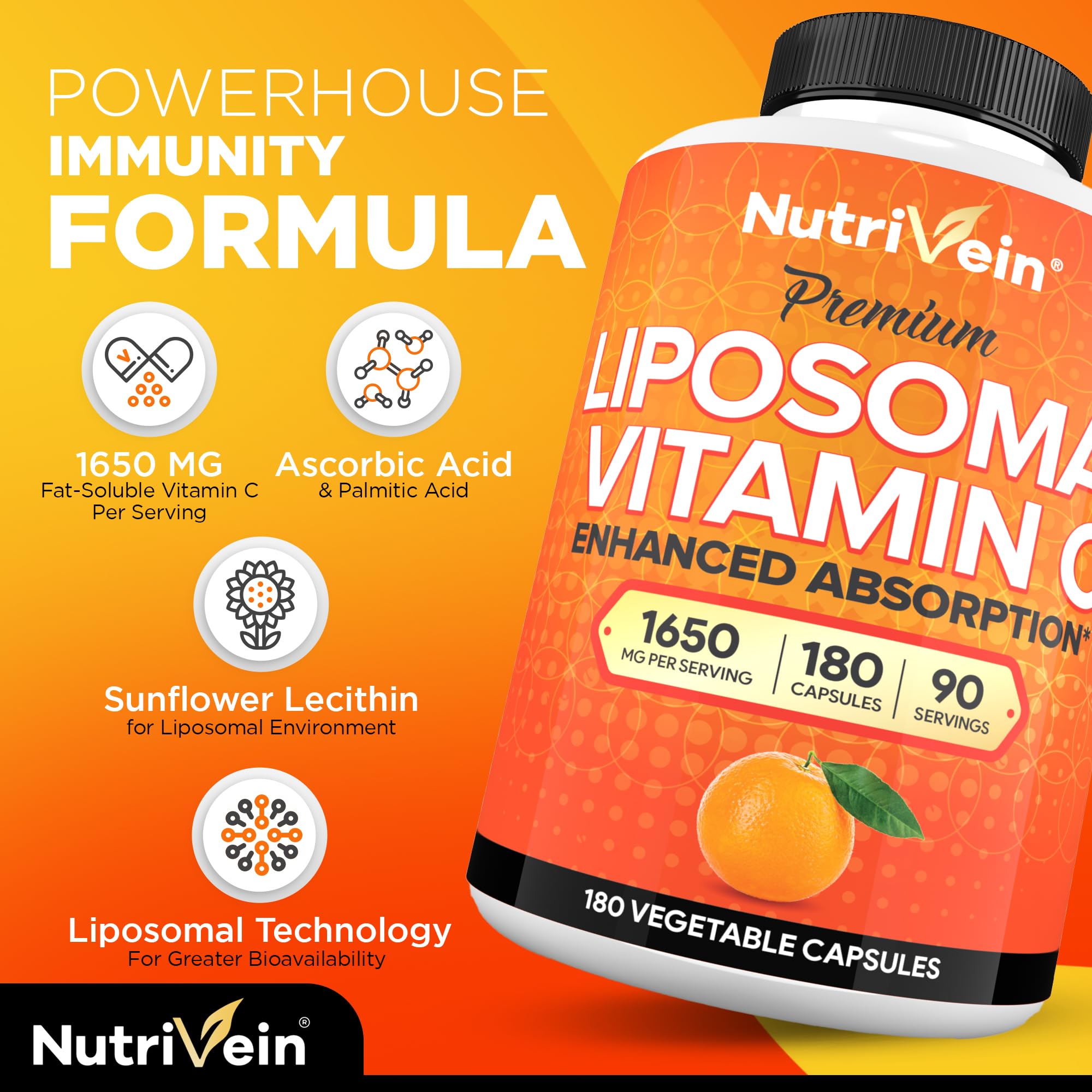 Nutrivein Liposomal Vitamin C 1650mg - 180 Capsules - High Absorption Ascorbic Acid - Supports Immune System & Collagen Booster - Powerful Antioxidant