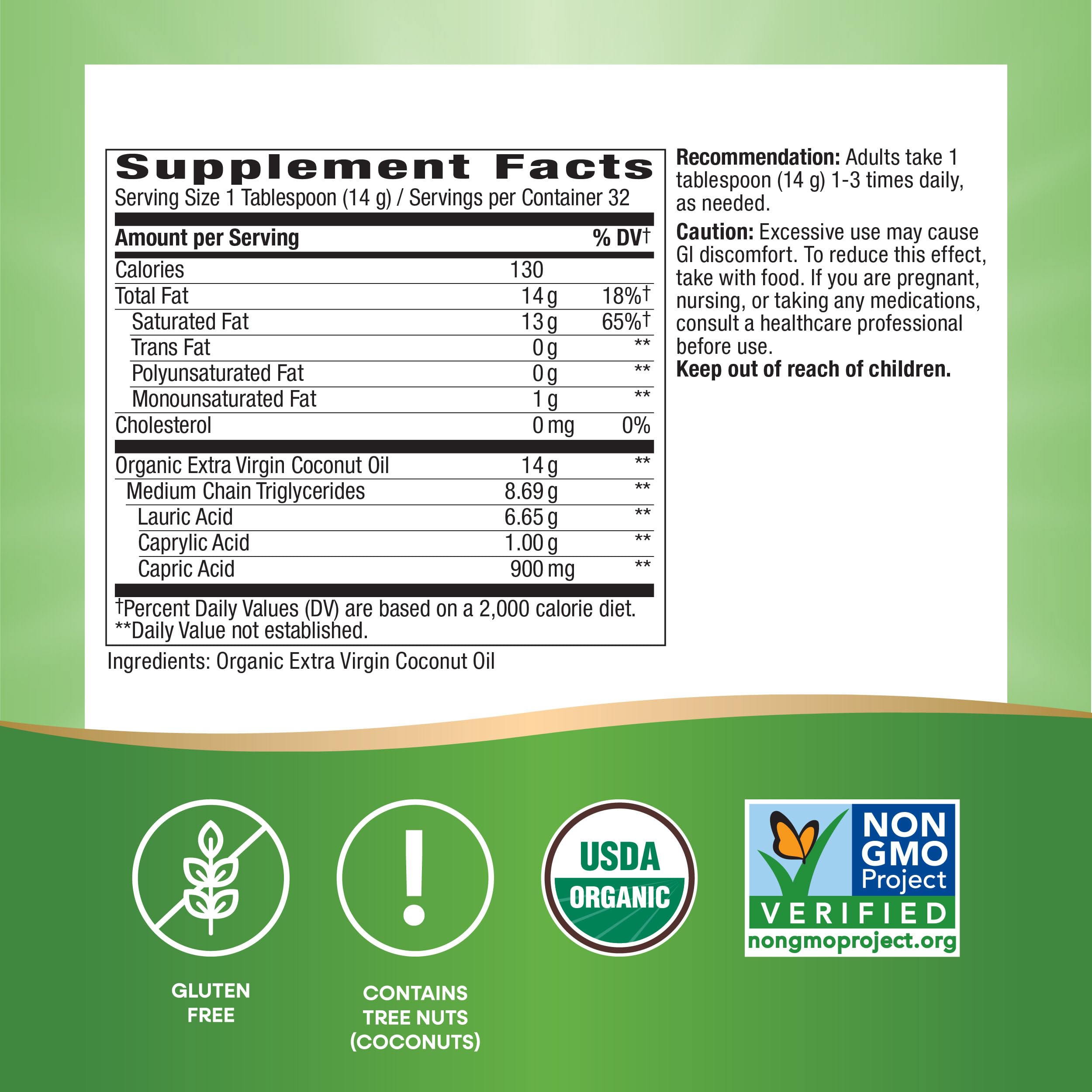 Nature's Way Organic Extra Virgin Coconut Oil, Pure and Unrefined, 62% MCTs, 16 Oz