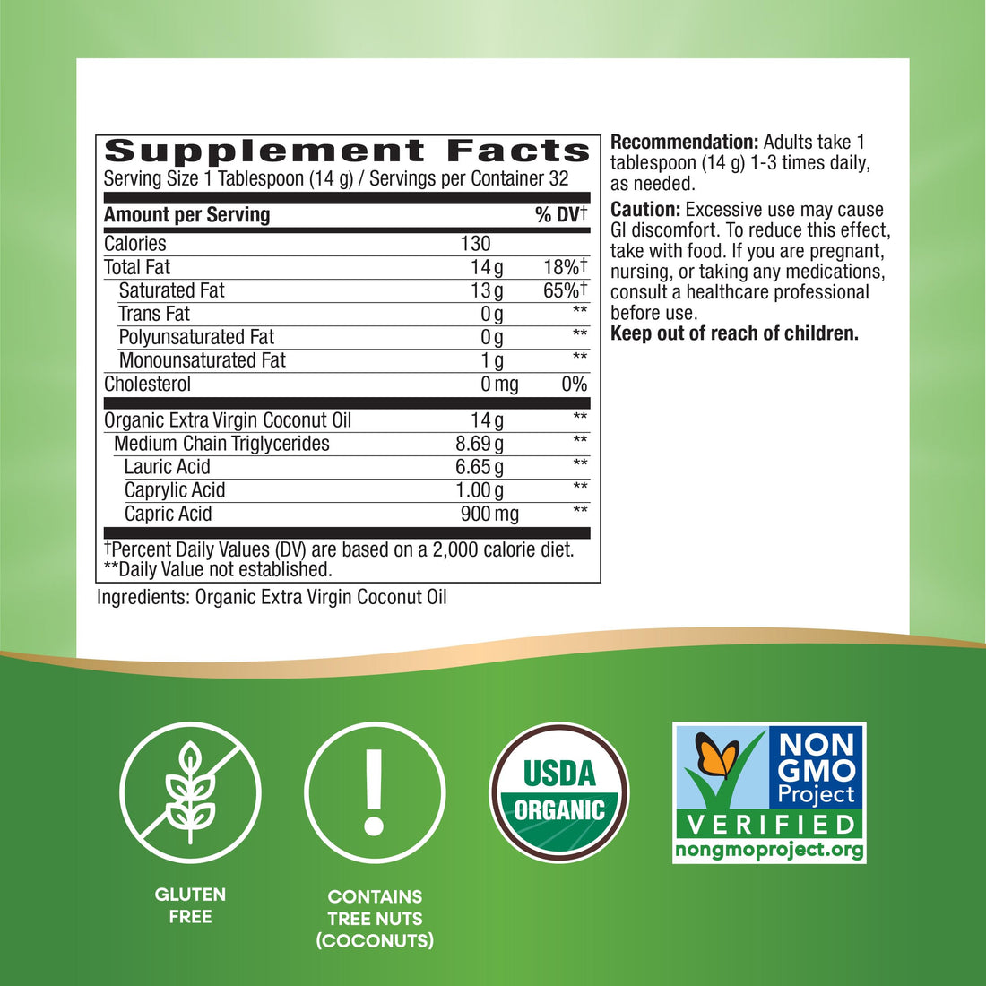 Nature's Way Organic Extra Virgin Coconut Oil, Pure and Unrefined, 62% MCTs, 16 Oz