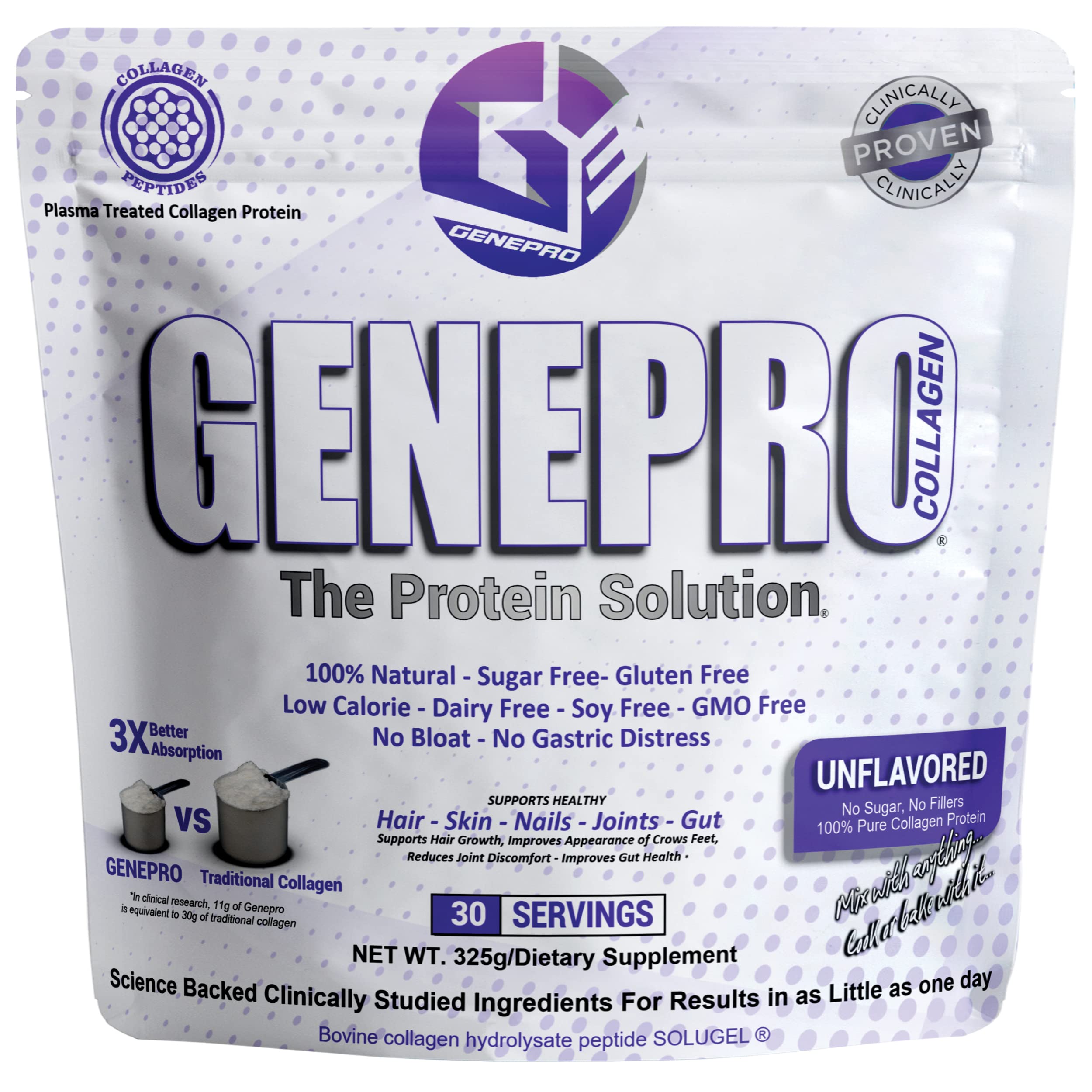 GENEPRO GEN. 3 Musclegen Research Unflavored Protein Powder with Collagen Peptides - Lactose-Free, Gluten-Free Protein Supplement Shake for Hair, Skin and Nails (30 Servings)