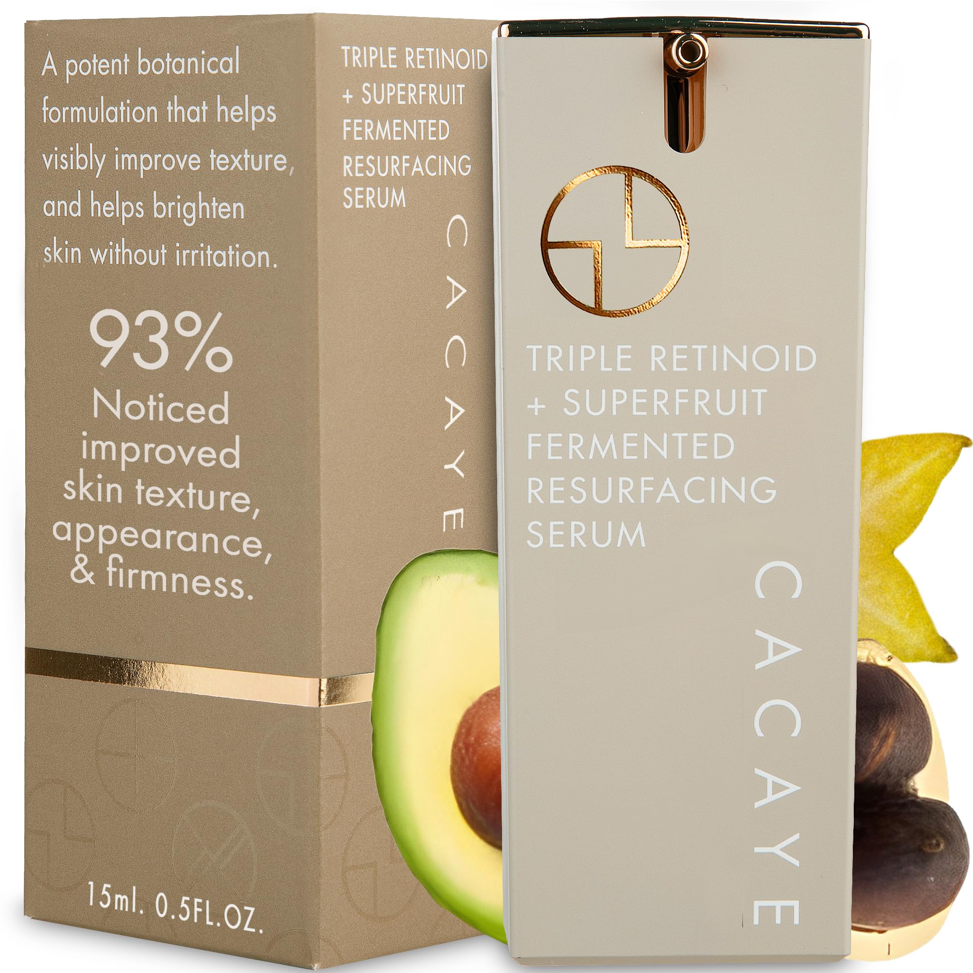 CACAYE Triple Retinoid Superfruit Resurfacing Face Serum, 0.5 oz, Travel Size, Natural Retinol Alternative Reduces Fine Lines, Puffiness, Wrinkles Without Irritation - Mini Facial Cream