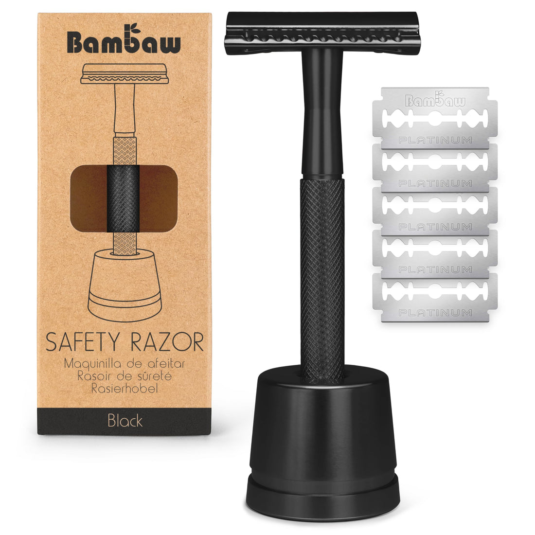 Black Safety Razor for Men with Safety Razor Stand | Metal Razor | Double Edge Razor | DE Safety Razors for Men | Fits All Double Edged Razor Blades | Mens Shaving Razor | Zero Waste Products |Bambaw