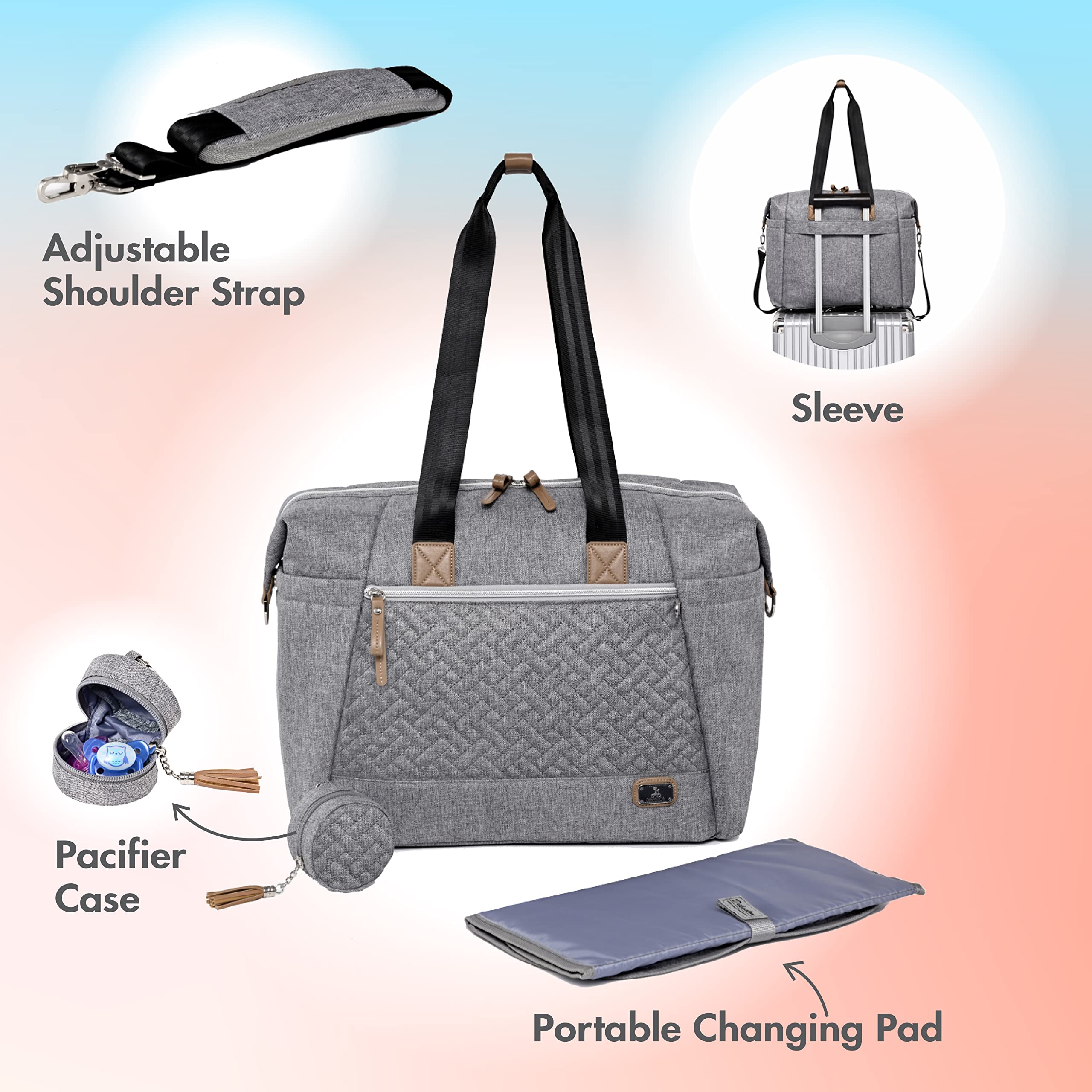 Dikaslon Diaper Bag Tote, Large Travel diaper tote for Mom and Dad, Multifunction baby tote bag for Boys and Girls with Pacifier Case and Changing Pad, Grey