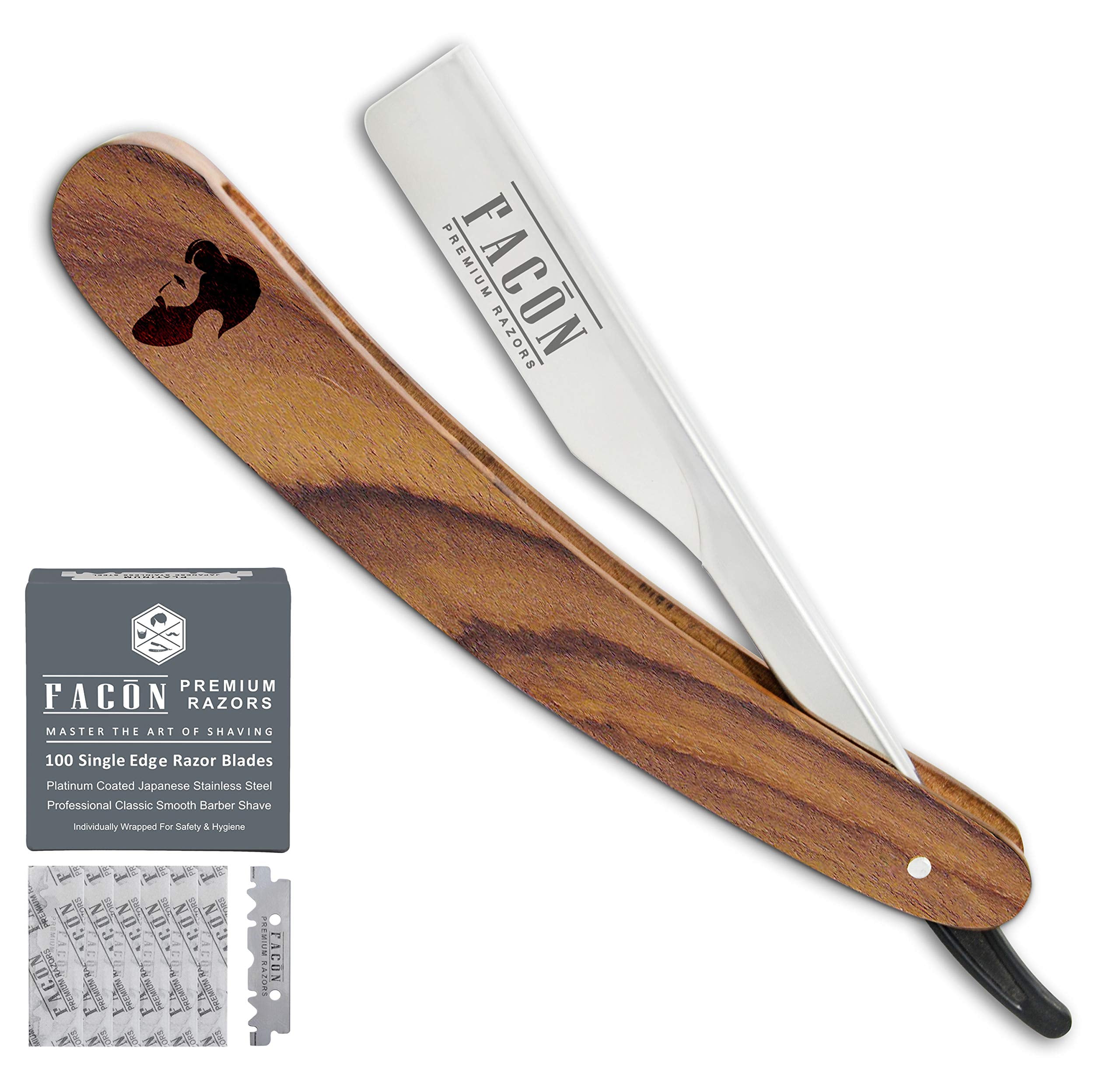 Facn Razors Professional Wooden Straight Edge Barber Razor with 5 DE Blades and Leather Case
