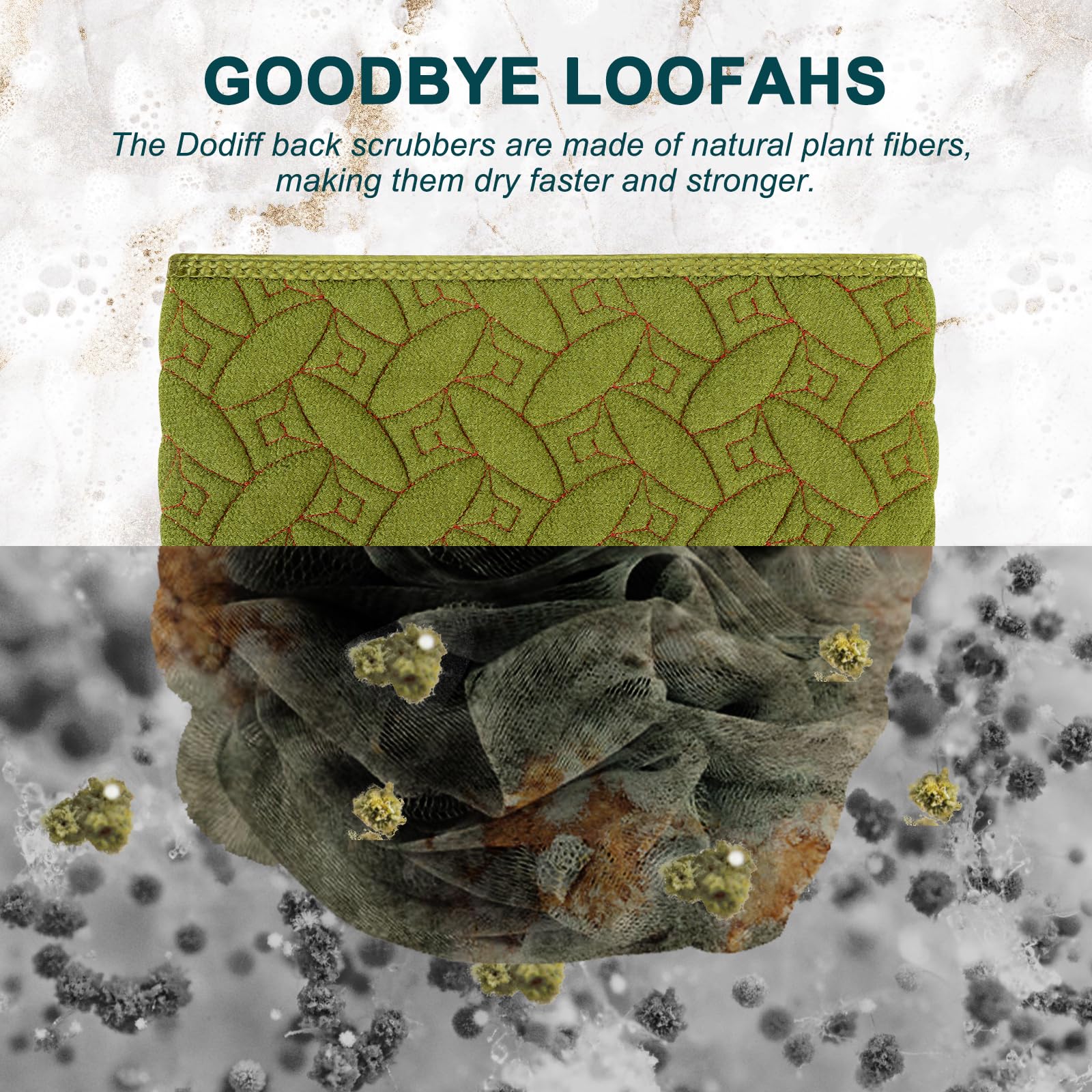 dodiff Exfoliating Back Scrubber for Use in Shower, 38.5 Inch Back Washer with Handles, Dual-Sided Body Exfoliator for Daily & Deep Skin Cleaning, Bath Back Scrub Washcloth for Men & Women (Green)