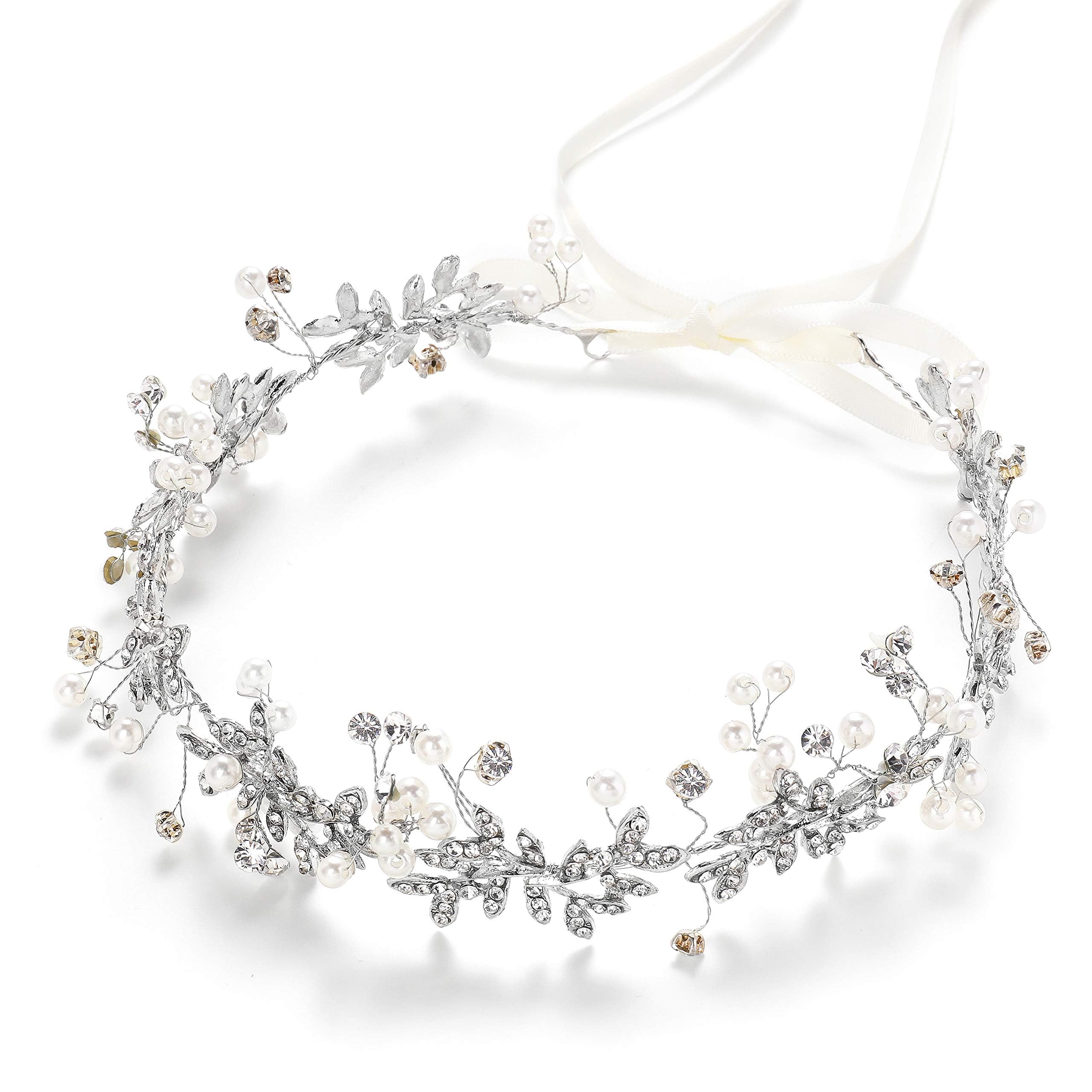 Babeyond® Bridal Handmade Luxury Rhinestone Wedding Party Hairband Hair Band Austrian Crystal Floral Leaf with Lace Ribbon