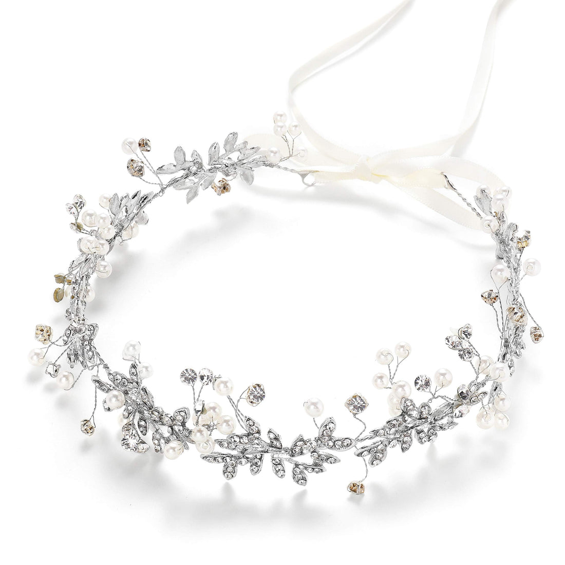 Babeyond® Bridal Handmade Luxury Rhinestone Wedding Party Hairband Hair Band Austrian Crystal Floral Leaf with Lace Ribbon