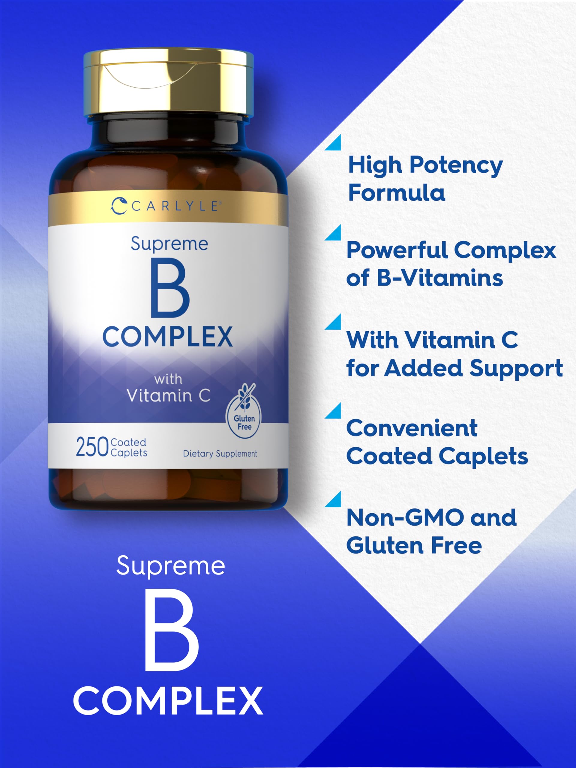 Carlyle Vitamin B Complex Plus Vitamin C | 250 Caplets | Vegetarian, Non-GMO and Gluten Free Supplement
