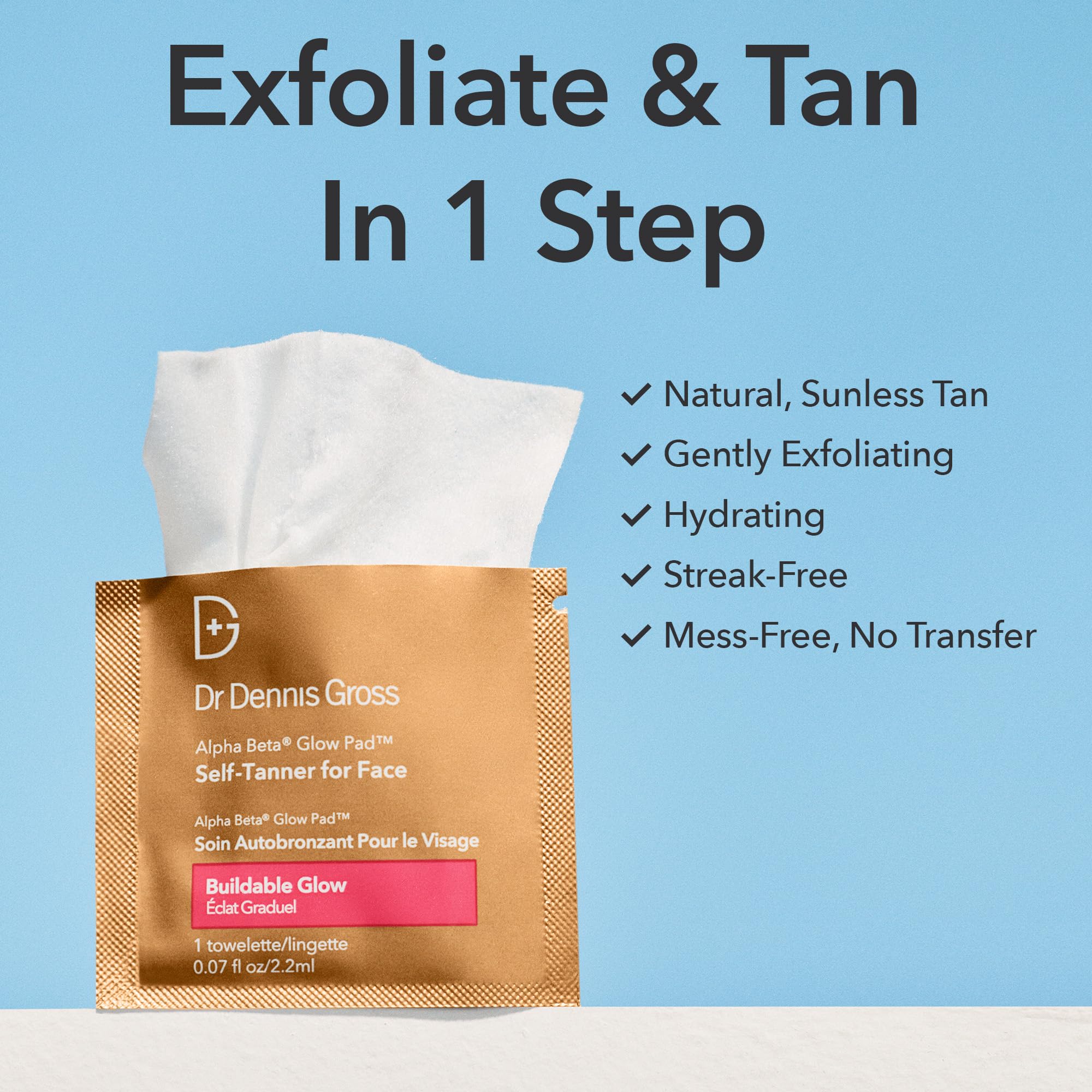 Dr. Dennis Gross Glow Pad Self-Tanner for Face – Exfoliating & Anti-Aging Towelette with AHAs & BHAs, Buildable Natural Glow, Hydrating & Streak-Free Application, 20 Pack