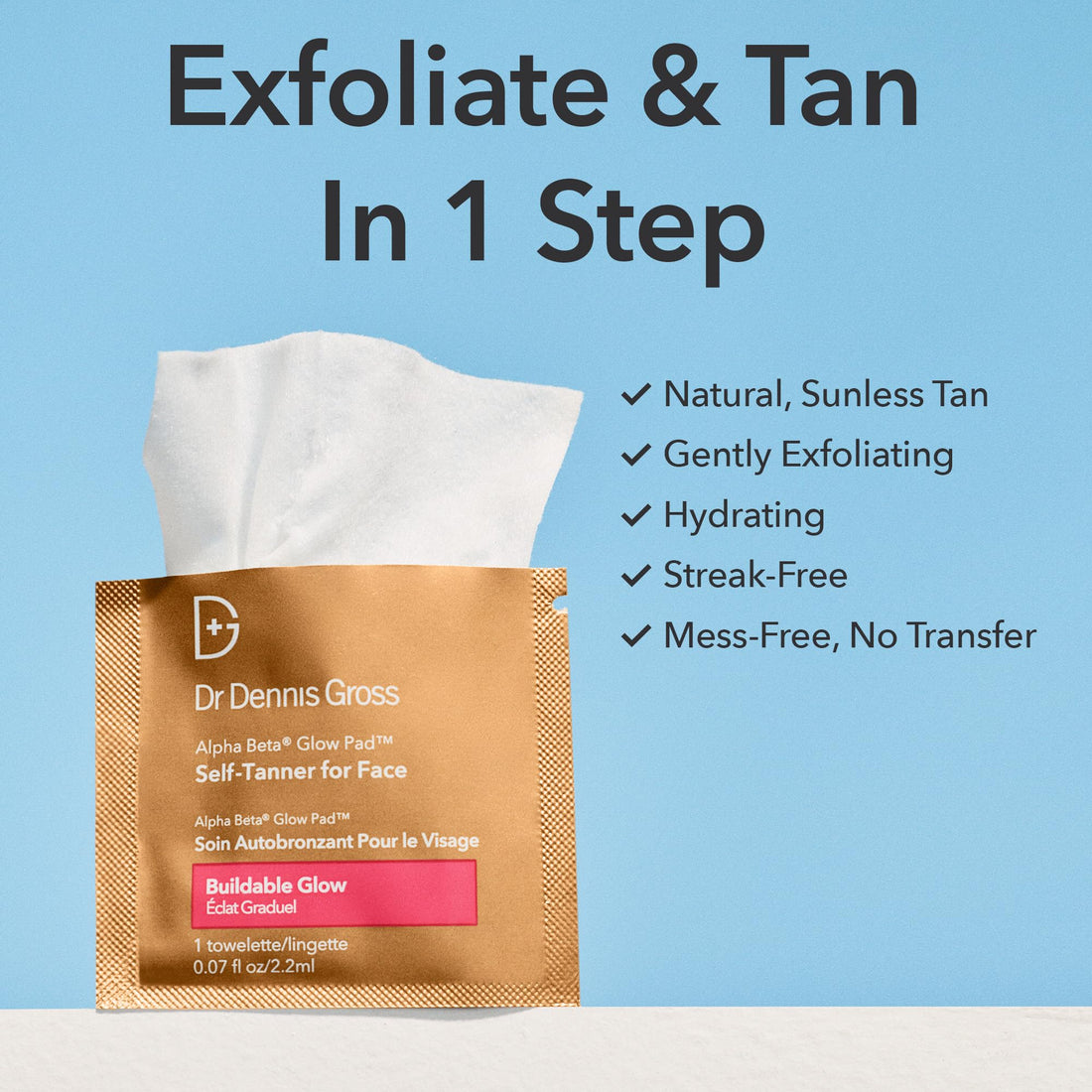 Dr. Dennis Gross Glow Pad Self-Tanner for Face – Exfoliating & Anti-Aging Towelette with AHAs & BHAs, Buildable Natural Glow, Hydrating & Streak-Free Application, 20 Pack