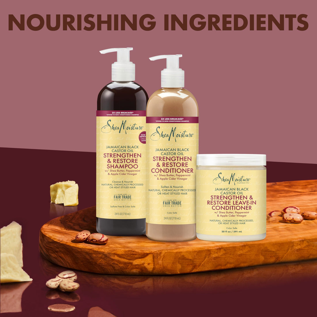 SheaMoisture Strengthen & Restore Shampoo, Conditioner & Leave-In Bundle Jamaican Black Castor Oil 3 Pack to Cleanse & Nourish Dry, Damaged Hair