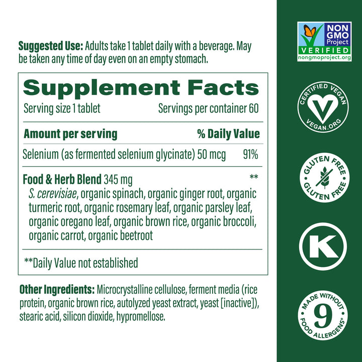 MegaFood Selenium - Selenium 50 mcg, Selenium Supplement with Food and Herb Blend - Immune Support - Vegan, Non-GMO - Made Without 9 Food Allergens - 60 Tablets (60 Servings)