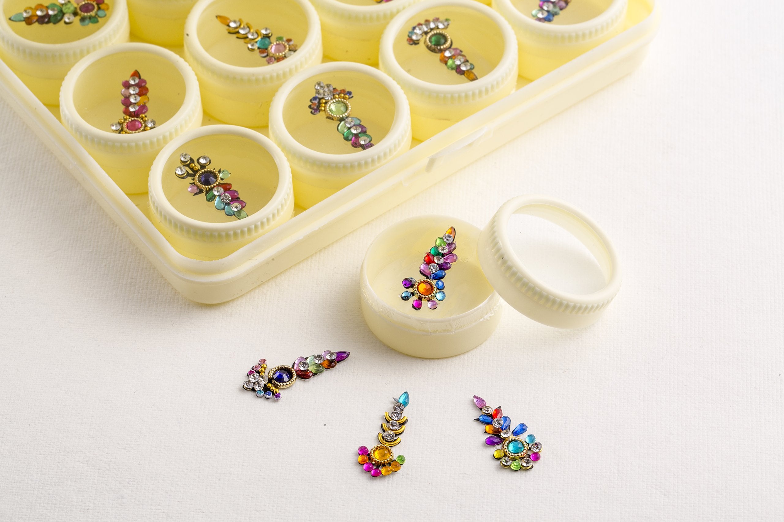India Crafts Multicolour 12 Bindi Box Long Crystal Bridal Face Jewels Forehead Tika