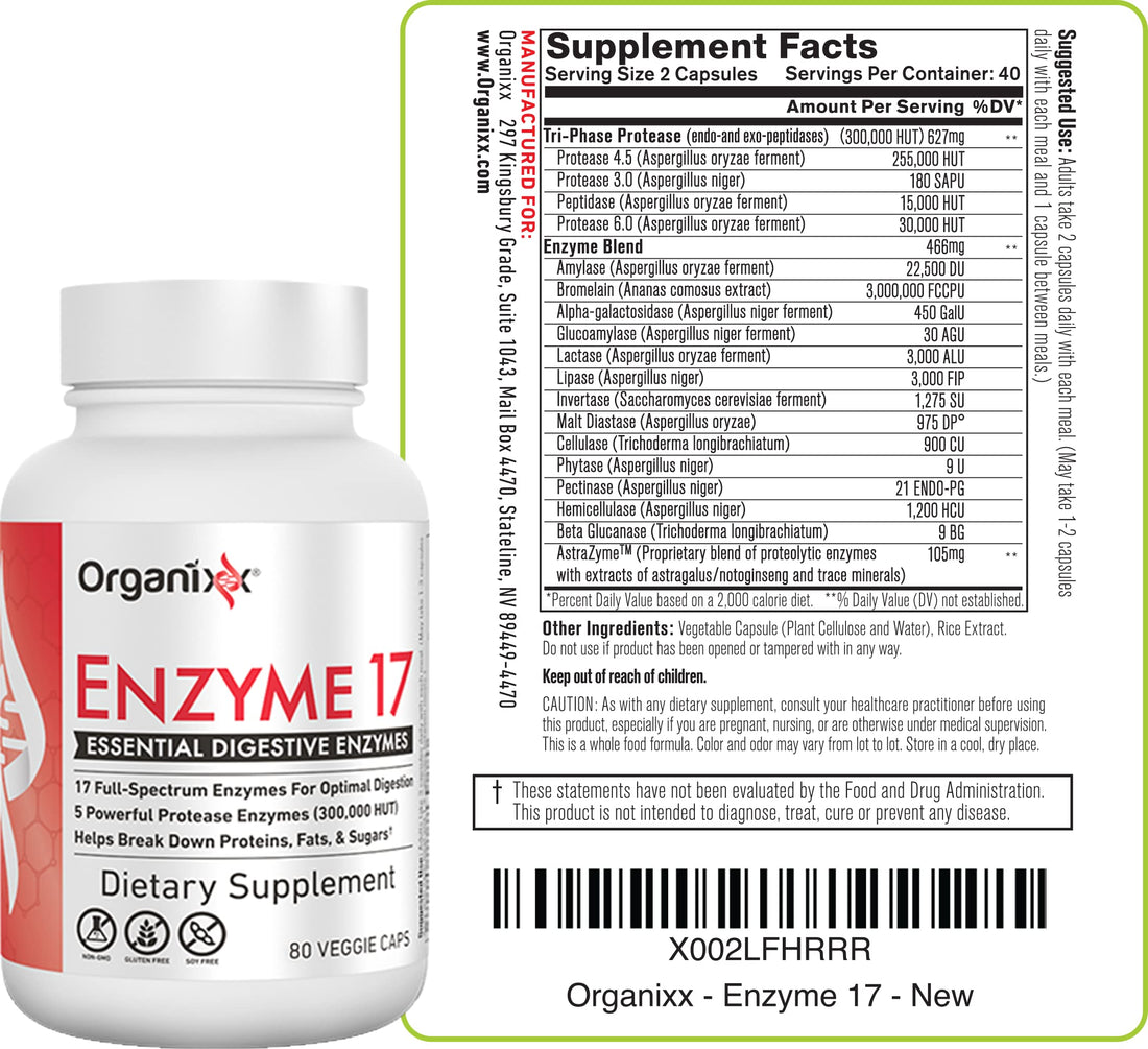 Organixx Enzyme 17 Essential Digestive Enzymes for Women & Men, For Gut Health & Optimal Digestive Health, Support for Bloating, Gas, Nutrient Absorption & Immunity, Vegan, Non GMO, 80 Veggie Capsules