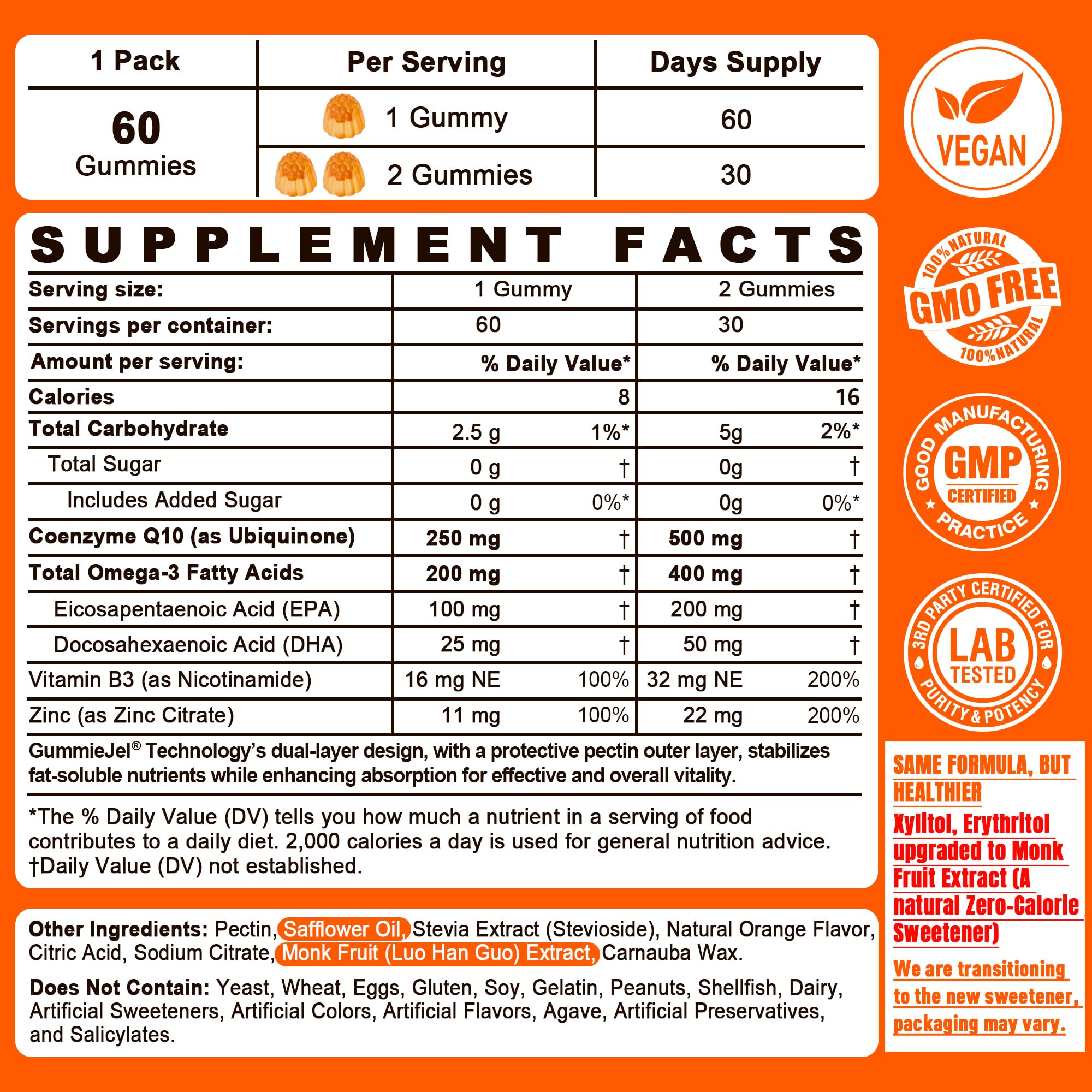 Sugar-Free CoQ10-250mg / 500mg Filled Gummies - Plus Omega-3, EPA + DHA, B3 & Zinc - Ultra Co Q-10 Supplements for Hear-t Health, Cellular Energy, Antioxidant Support, Up to 60 Day Supply, Vegan 60Cts