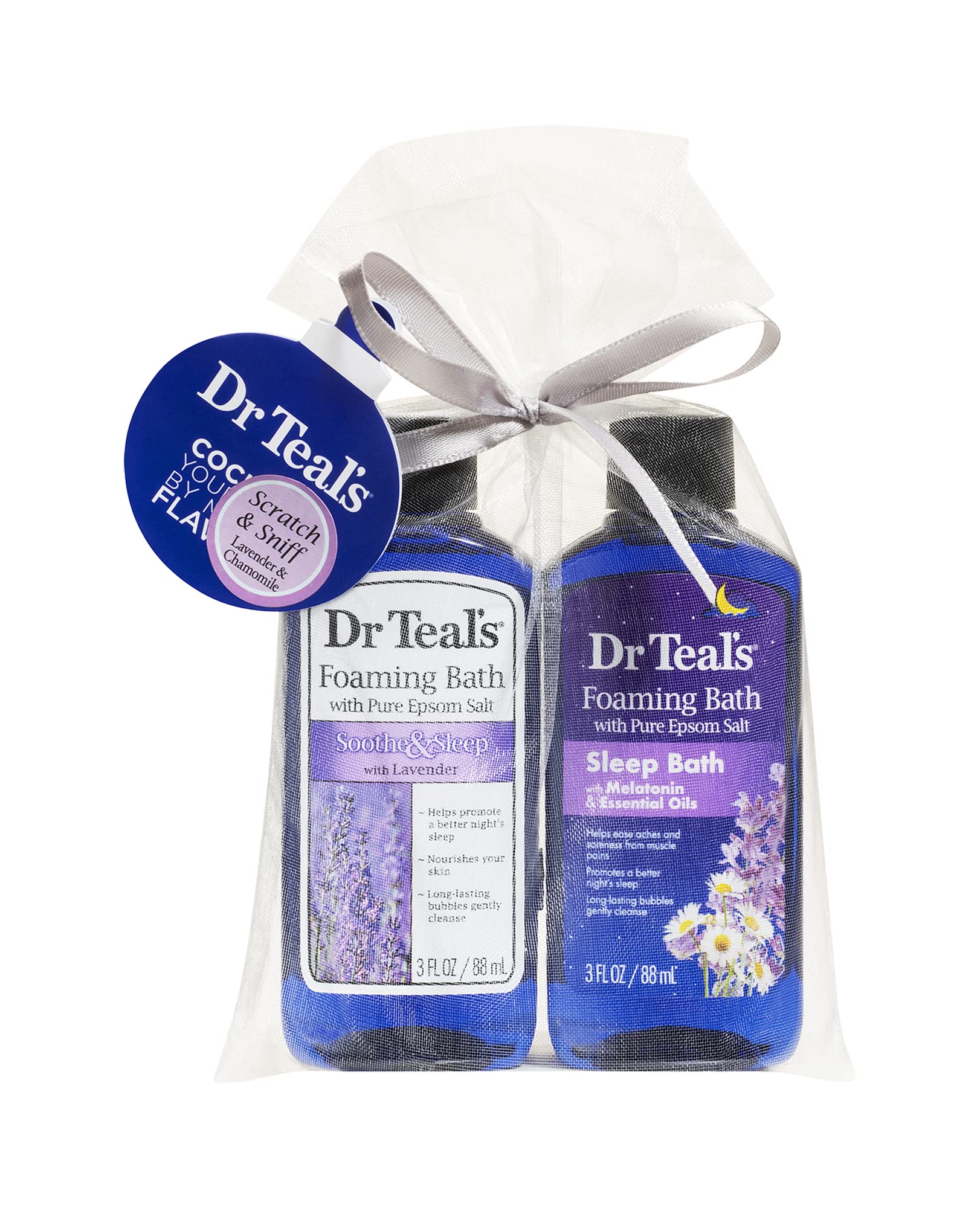Dr Teal's Foaming Bath Holiday Gift Combo Pack (6 fl oz Total), Soothe & Sleep with Lavender, and Sleep Bath with Melatonin.