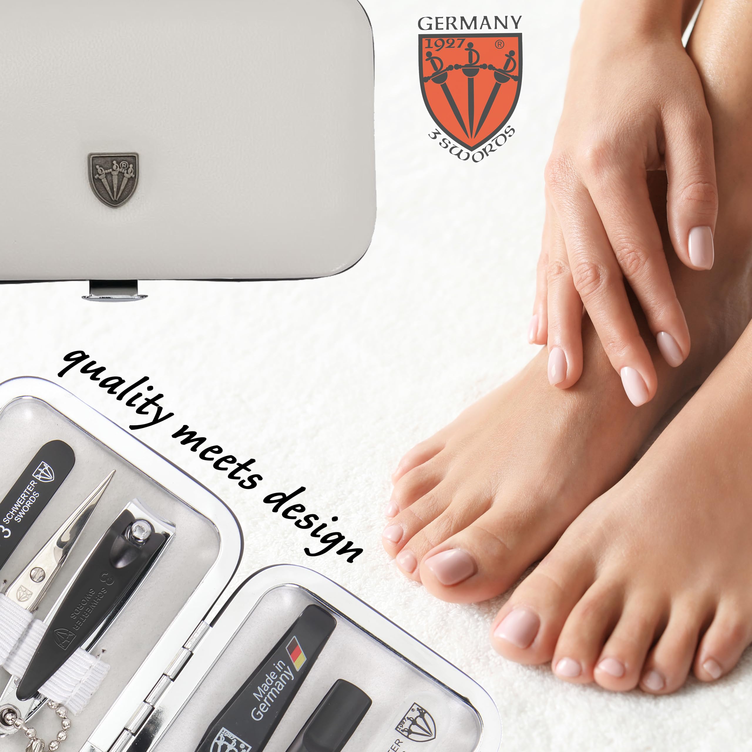 THREE SWORDS • Exclusive 6-Piece Manicure, Pedicure and Grooming set • Synthetic leather white • basic-standard quality