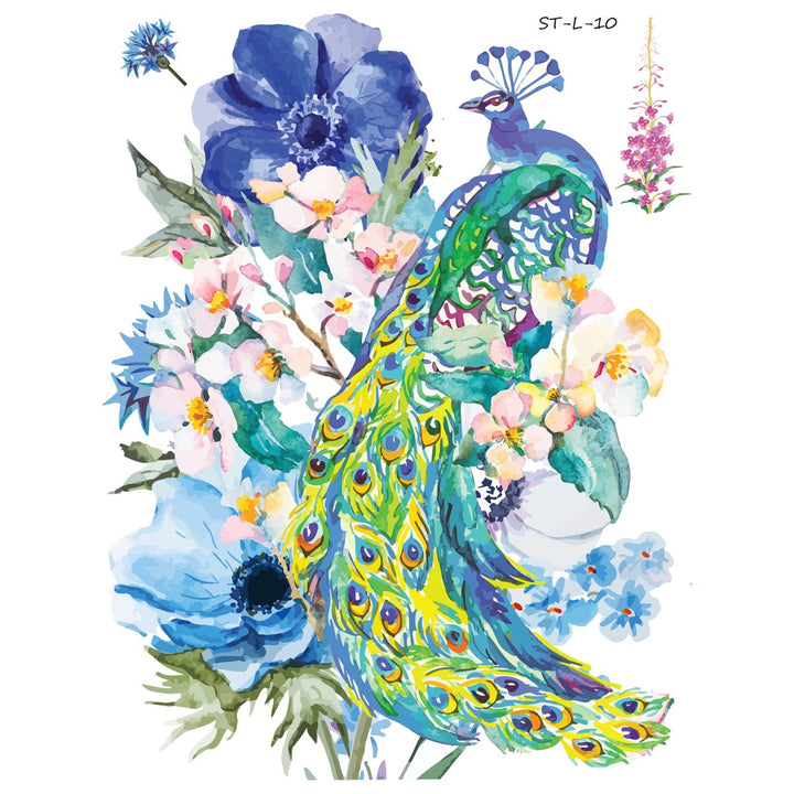 Supperb Temporary Tattoos - Watercolor Dream of peacock & Blue Flowers