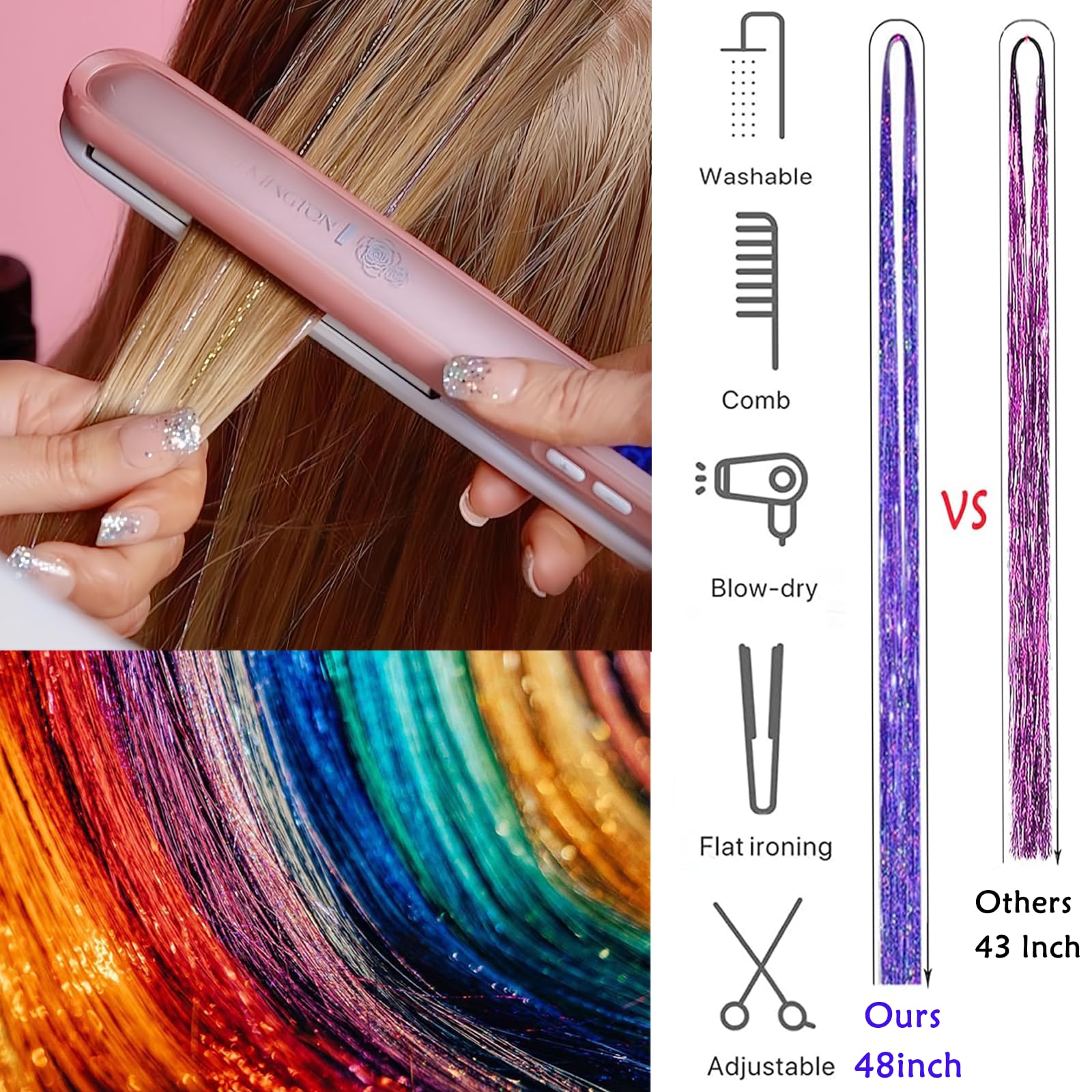 Hair Tinsel, Hair Tinsel Kit for Girls 1800 Strands Fairy Tinsel Hair Extensions Holographic Hair Tinsel Heat Resistant Colored Hair Glitter Christmas Party Festival (Red)
