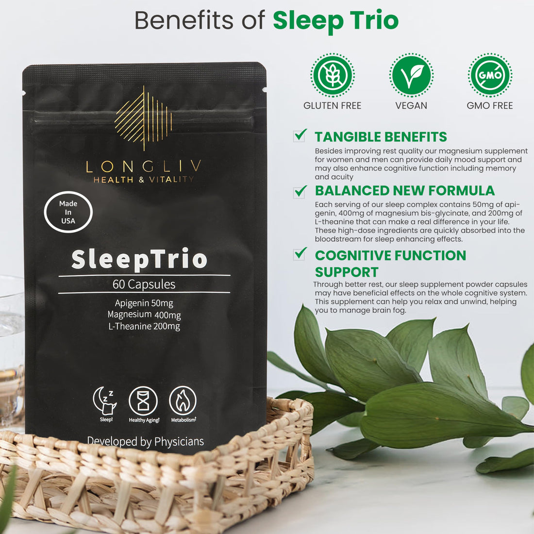 Sleep Trio - Made in USA Magnesium Apigenin L-Theanine Capsules – Premium 3-in-1 Cocktail for Sleep Management - Sleep Cocktail – Without Melatonin - 60 Capsules
