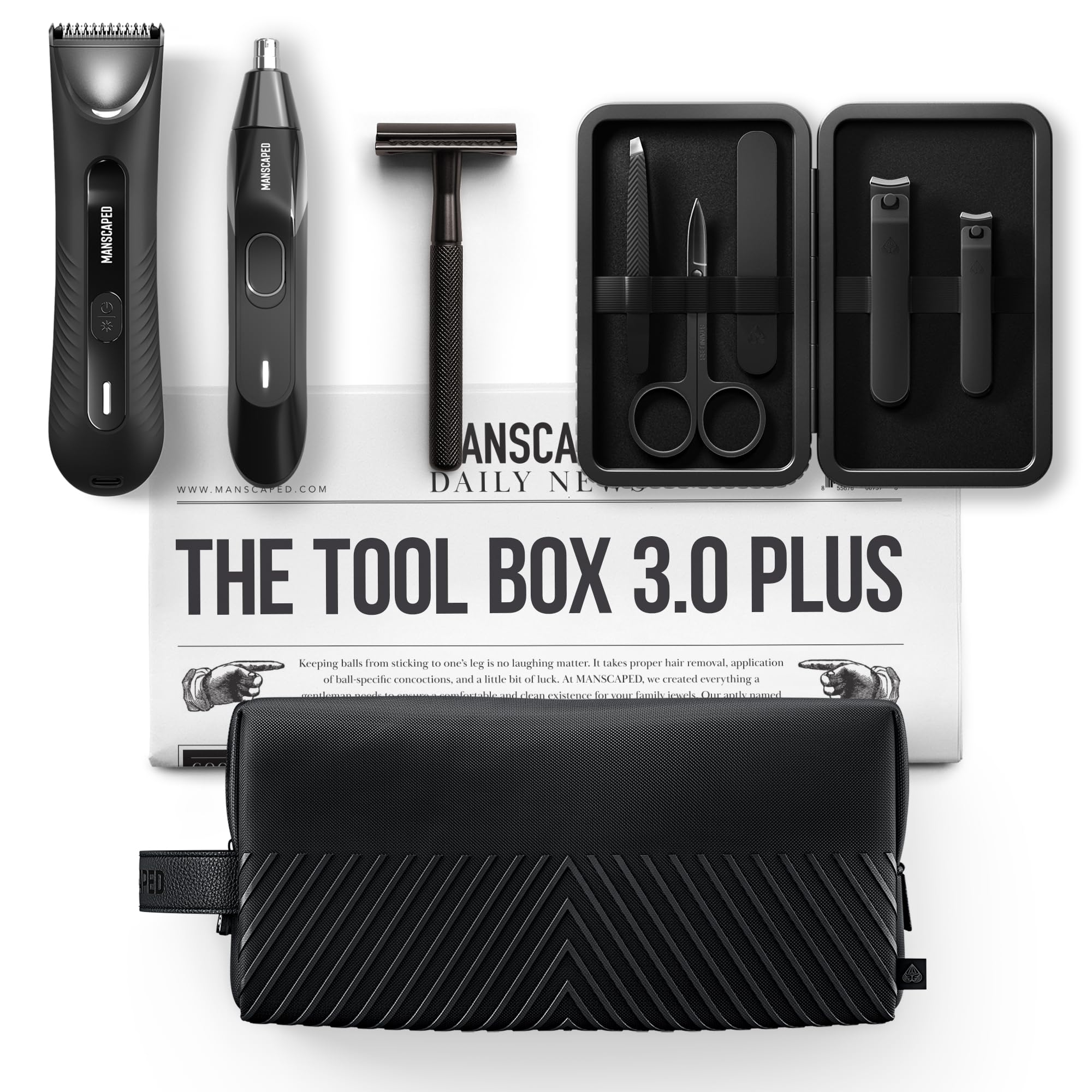 MANSCAPED® Tool Box 3.0 Plus with: The Lawn Mower® 3.0 Plus Groin Hair Groomer, Weed Whacker® 2.0 Nose Hair Trimmer, The Plow® 2.0 Razor, The Shears 3.0 Five Piece Nail Kit, The Shed 2.0 Toiletry Bag