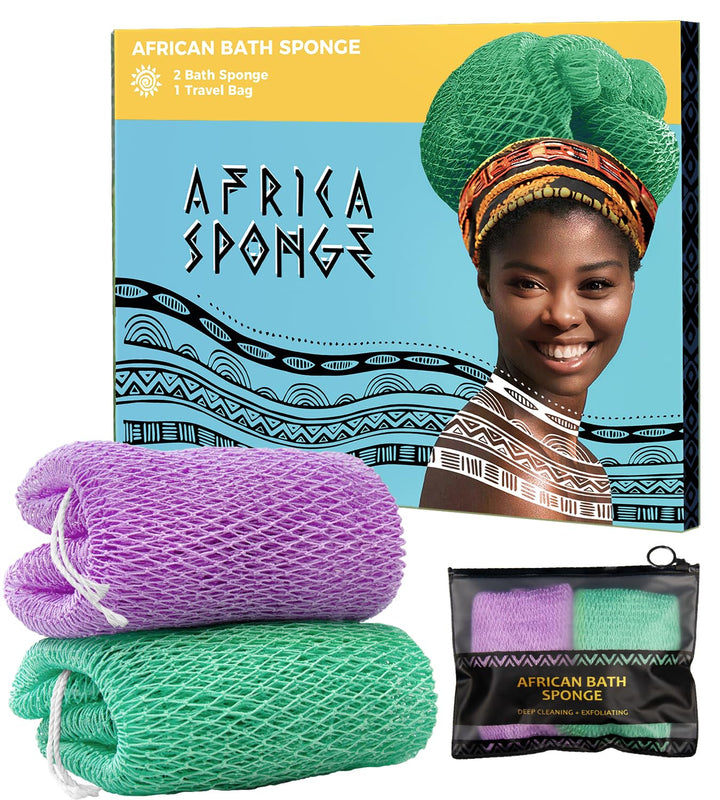 African Net Sponge Authentic - 2 Pieces Real African Exfoliating Loofah Sponge with Knots - African Net Wash Cloths for Body Scrubber Exfoliator Seawave & Lilac - Back Scrub for Shower Bath