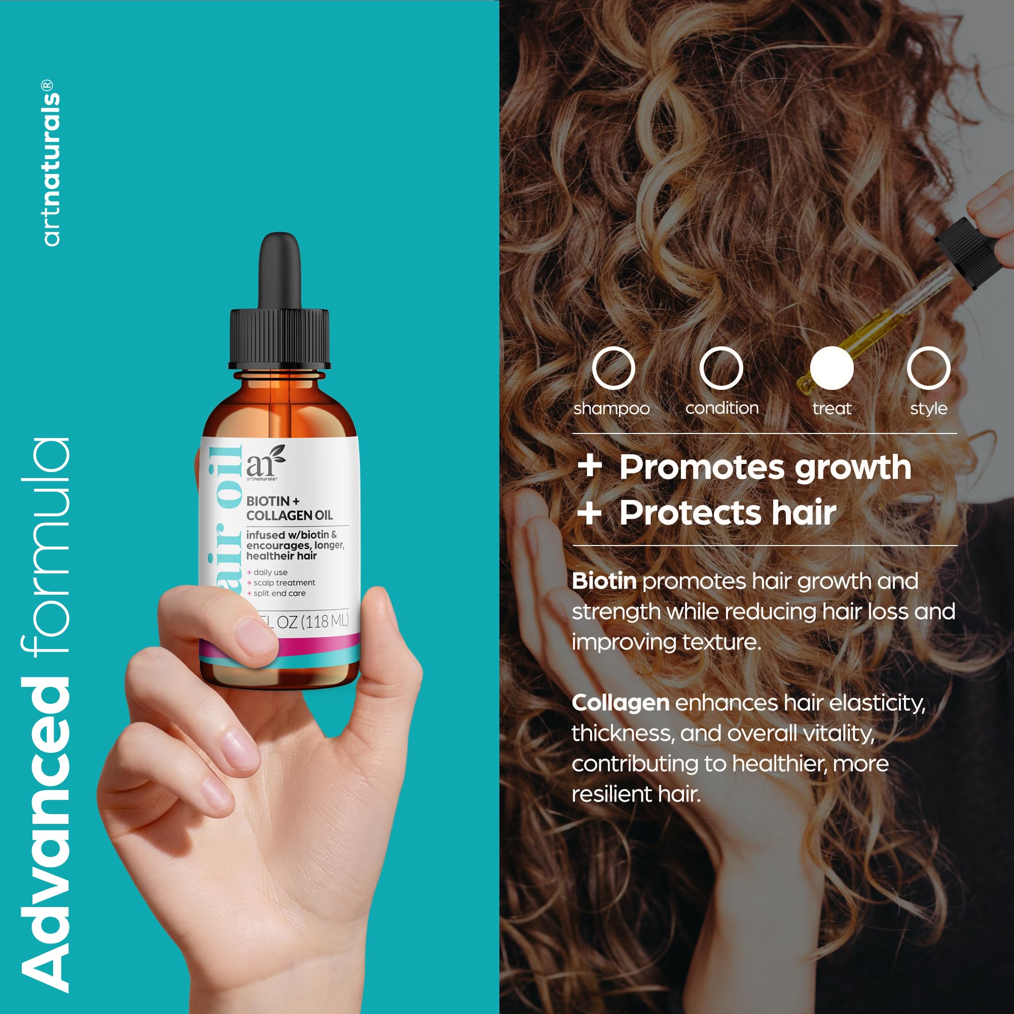 artnaturals Biotin Collagen Hair Oil 4.0oz - Growth Promoting Volumizing Formula - Reduce Hair Loss, Strengthens and Nourishes Hair - Controls Frizz & Improves Manageability