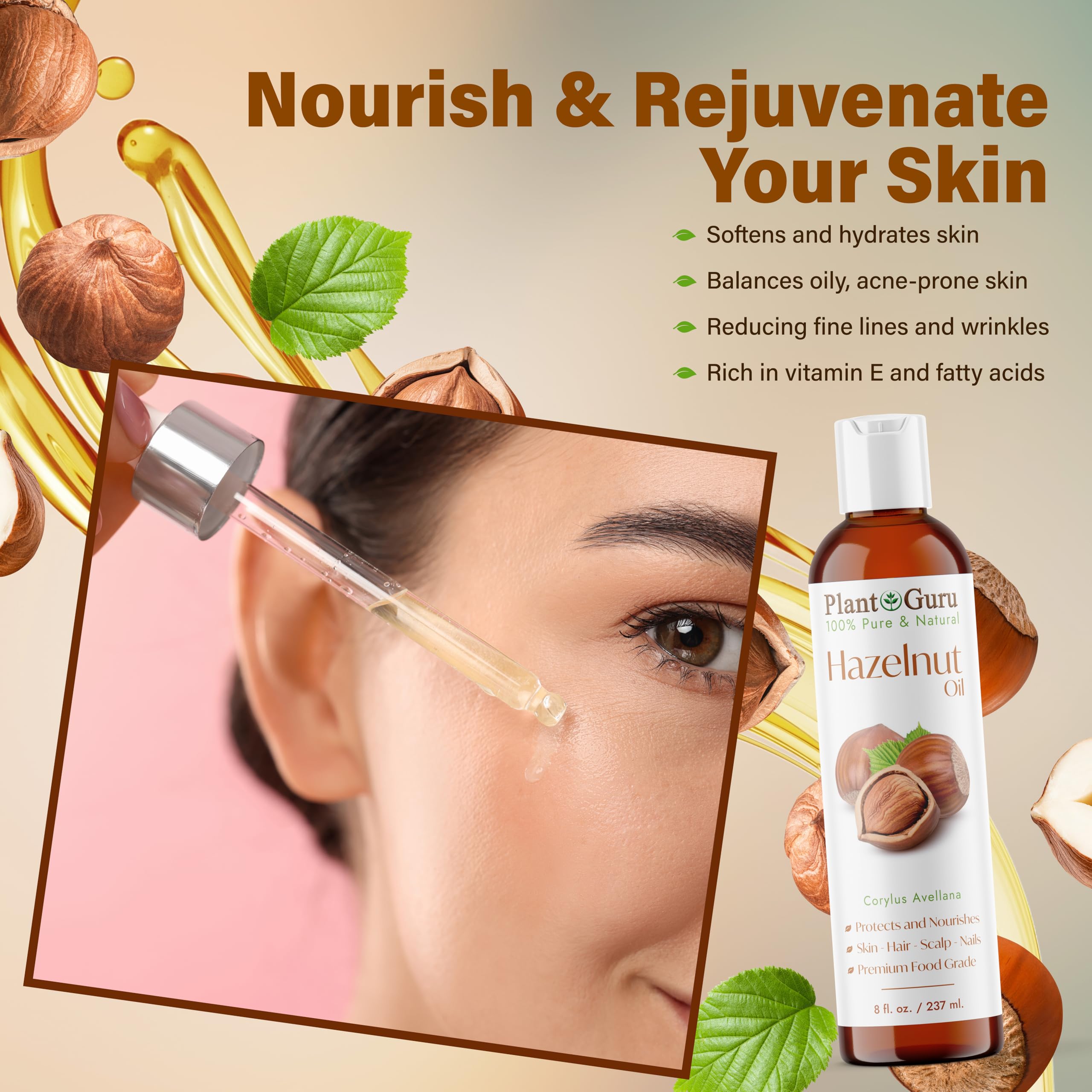 Hazelnut Oil 4 fl. oz. Cold Pressed 100% Pure Natural Carrier - Skin, Face, Body And Hair Growth Moisturizer. Great For DYI Cream, Lotions and Lip balm.