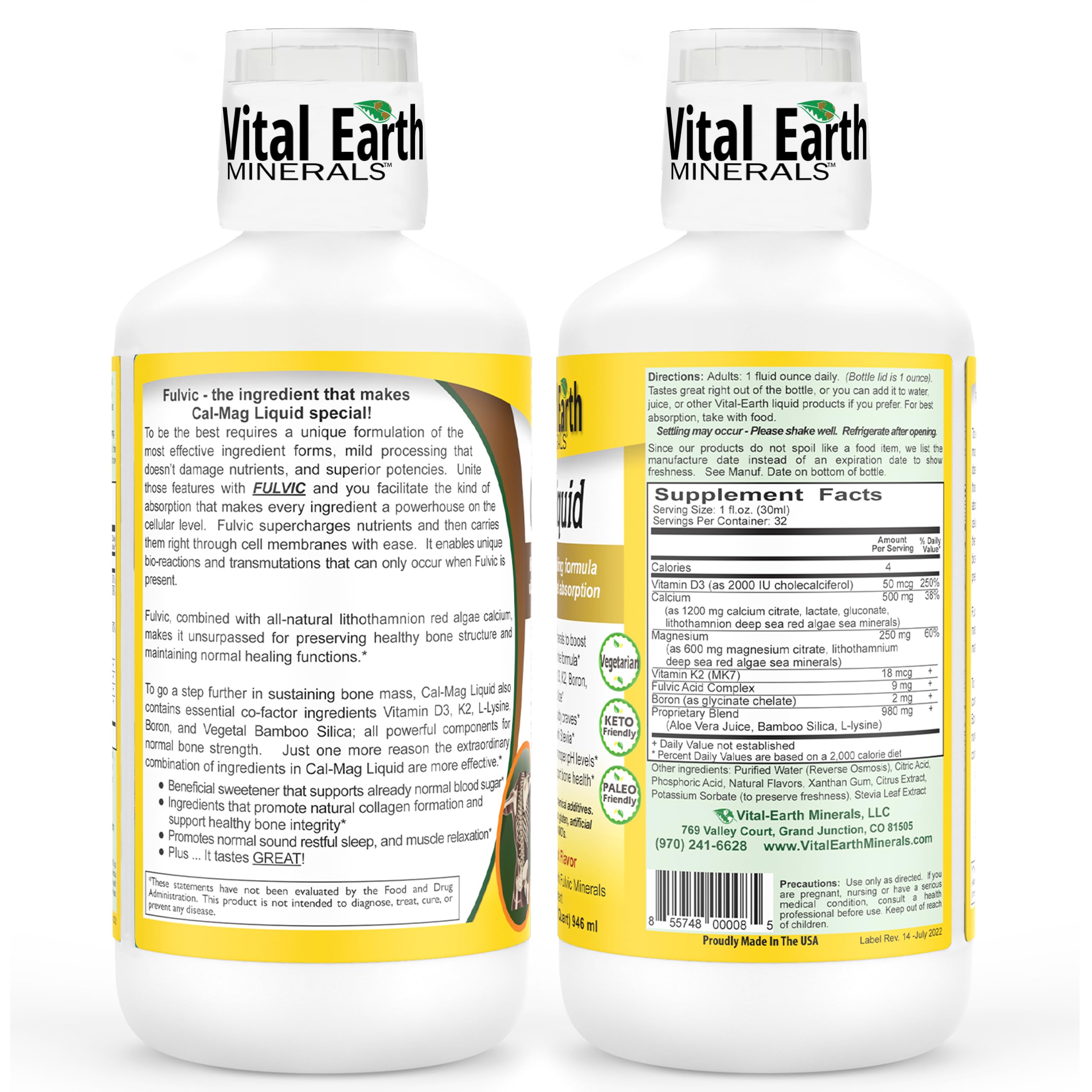 Vital Earth Minerals Cal-Mag Liquid – Calcium Magnesium Supplement with Vitamin D3, K2, Boron, and Fulvic Acid for Faster Absorption, 32 Oz + 1 Oz Cup
