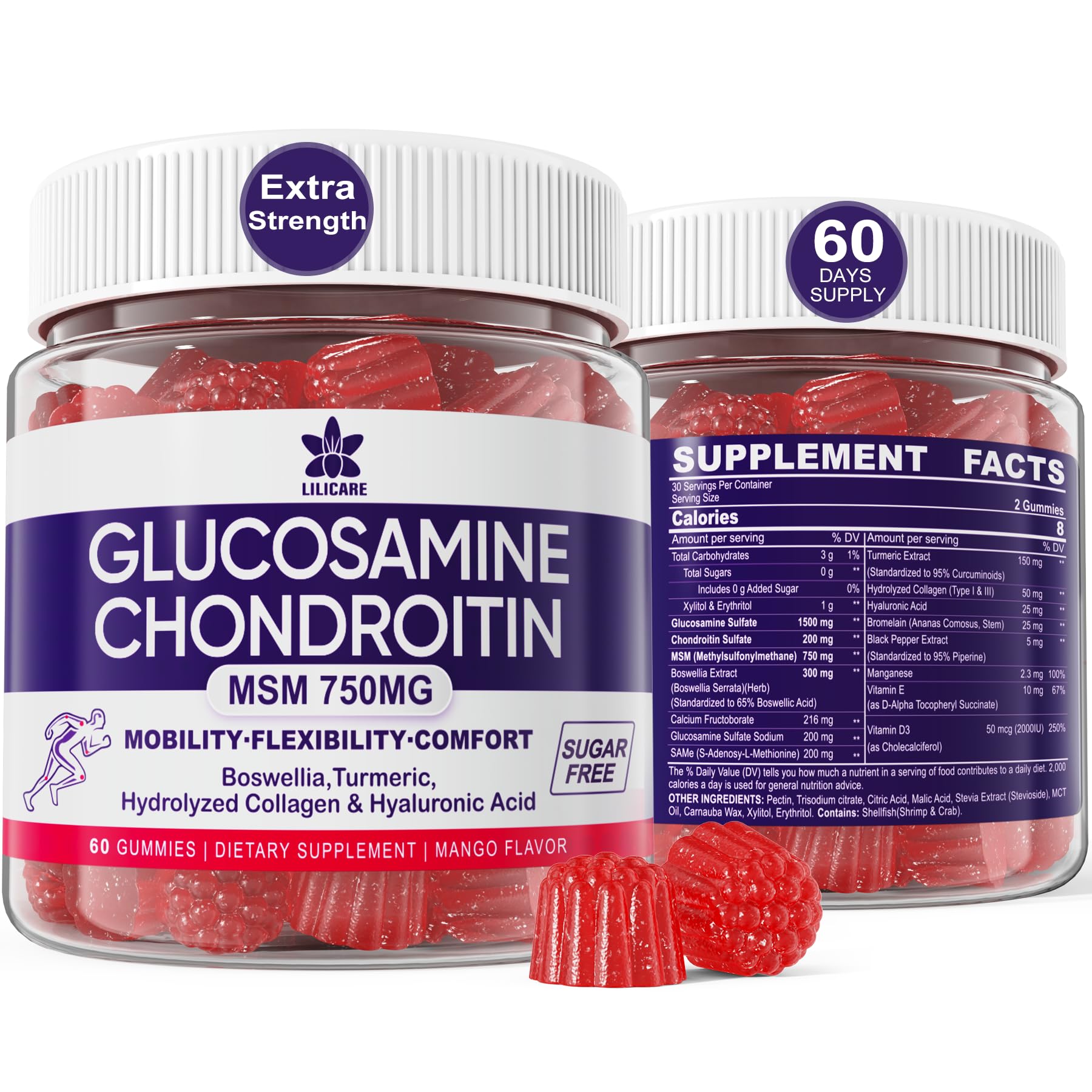 Glucosamine Chondroitin Gummies with MSM, Boswellia Turmeric, Hydrolyzed Collagen & Hyaluronic Acid, Extra Strength Supplement for Mobility, Comfort, Flexibility, Cartilage and Bone Health, 120 Cts