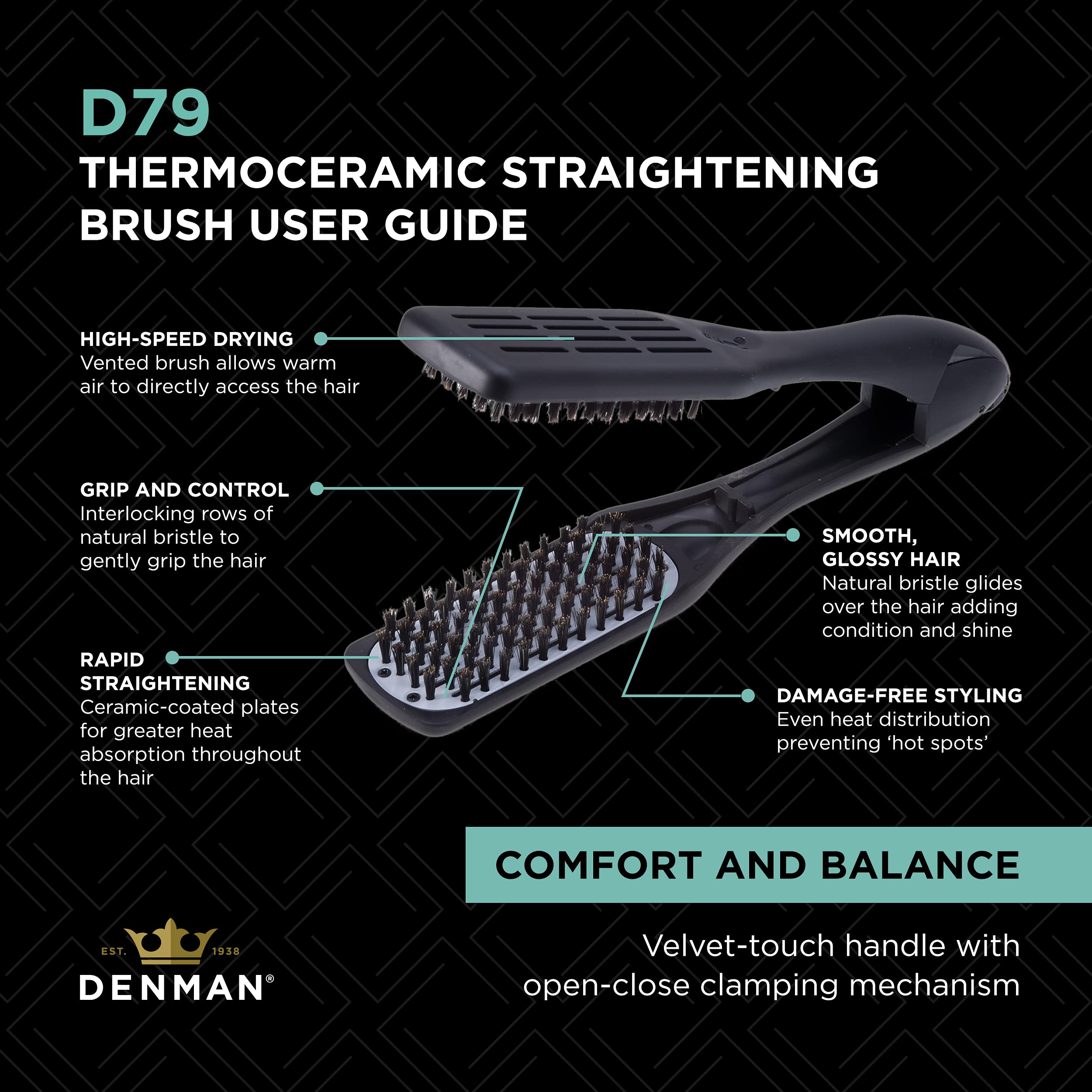 Denman Thermoceramic Straightening Brush with Boar Bristles, Black