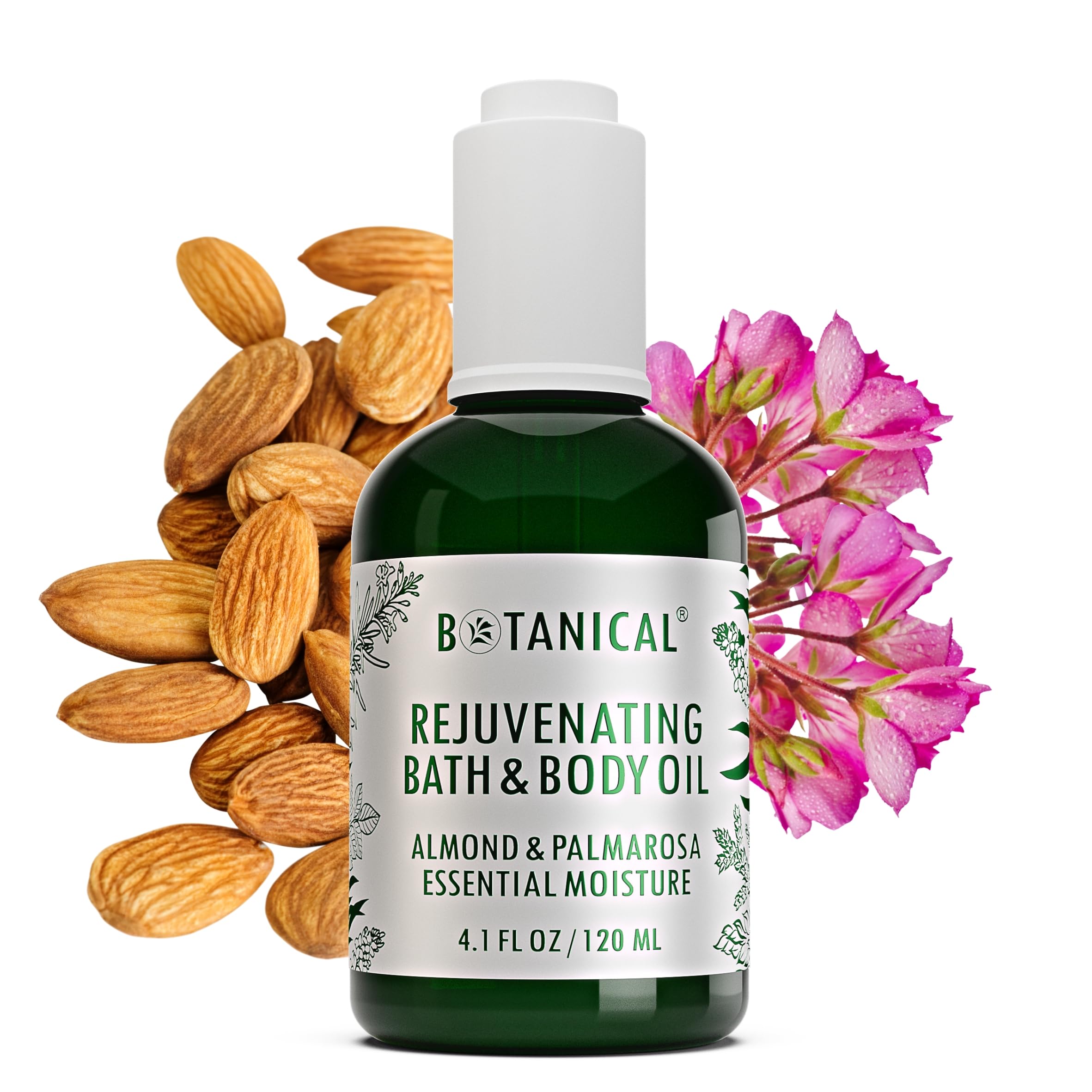Botanical Bath & Body Oil | Rejuvenating Almond & Palmarosa | Organic, Pure, Natural Skincare (4.1 fl oz | 120 ml)