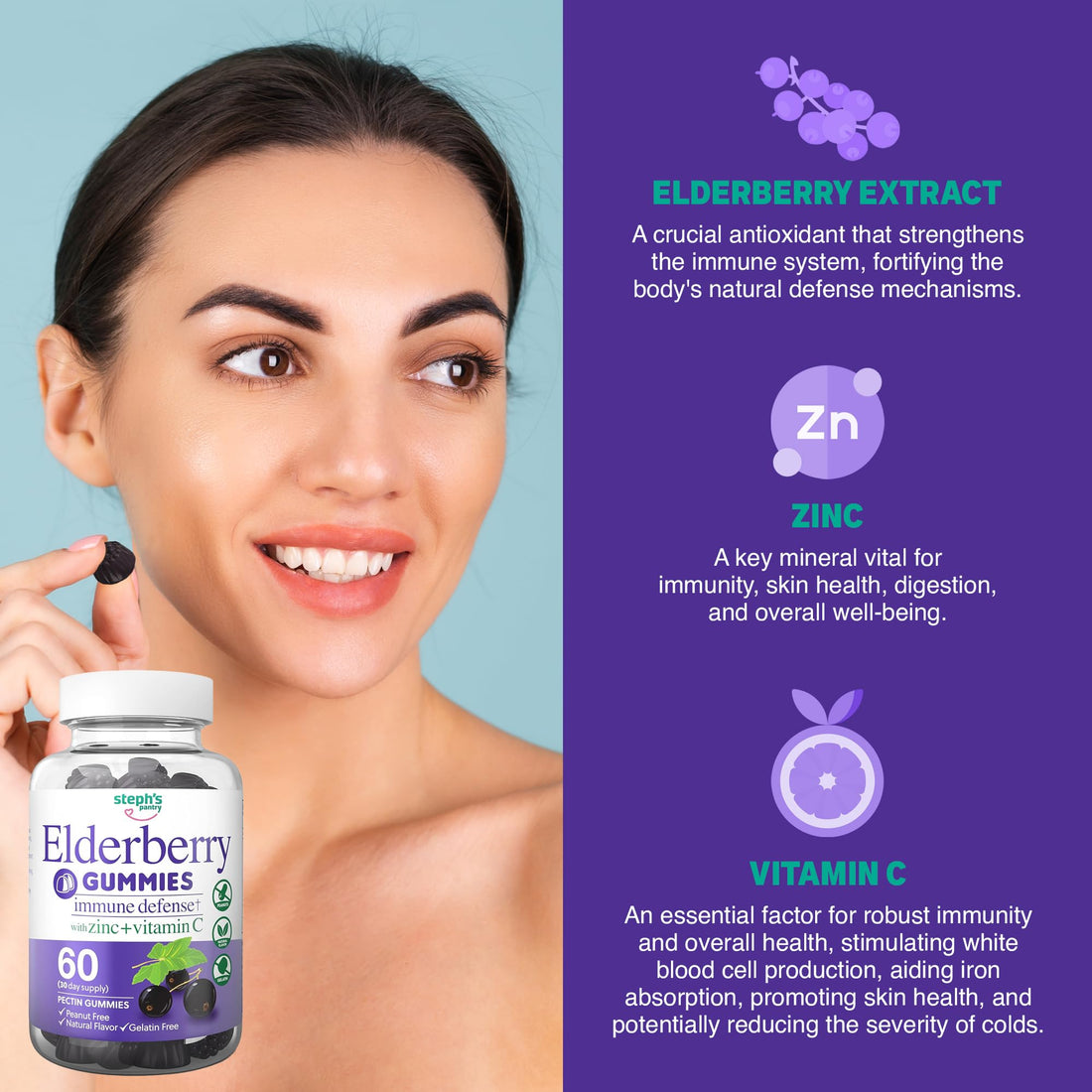 Elderberry Gummies with Vitamin C and Zinc - Immune Booster Elderberry Gummies For Adults and Kids - Vegan Natural Ingredients Defense Multivitamins with Antioxidant Support (60 Gummies)