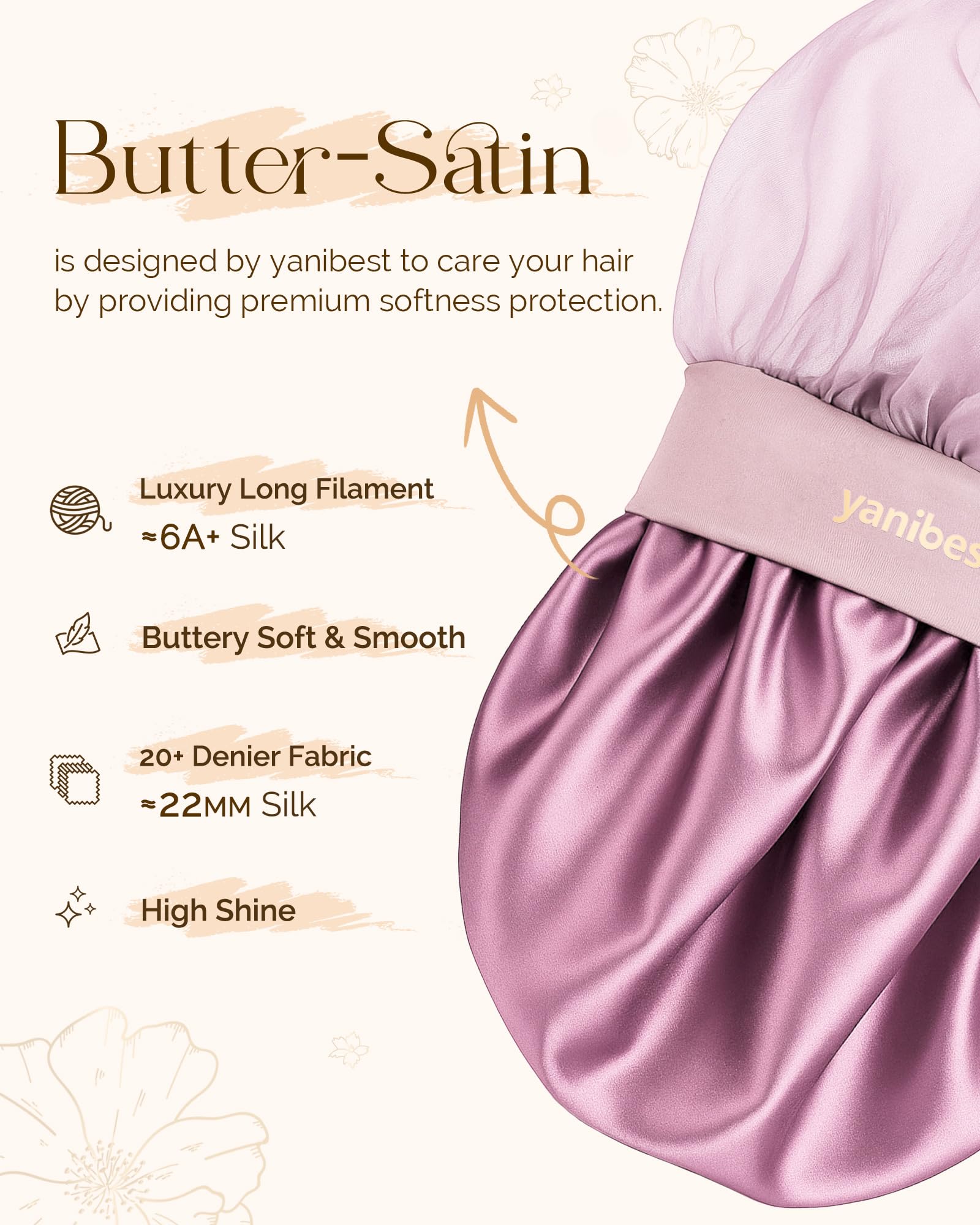 YANIBEST Breathable Silk Bonnet for Sleeping, Butter-Satin Bonnet Sleep Cap to Reduce Frizz, Lightweight Hair Wrap Curly Hair, Purple