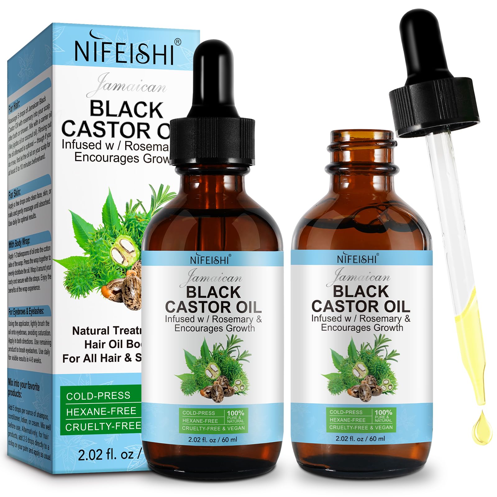 NIFEISHI Organic Castor Oil, 2pcs Pure Natural Jamaican Black Castor Oil Infused with Rosemary, Cold Pressed Glass Bottles, Boost Hair Growth for Thicker, Fuller Hair, Eyelashes & Eyebrows 2.02 fl oz