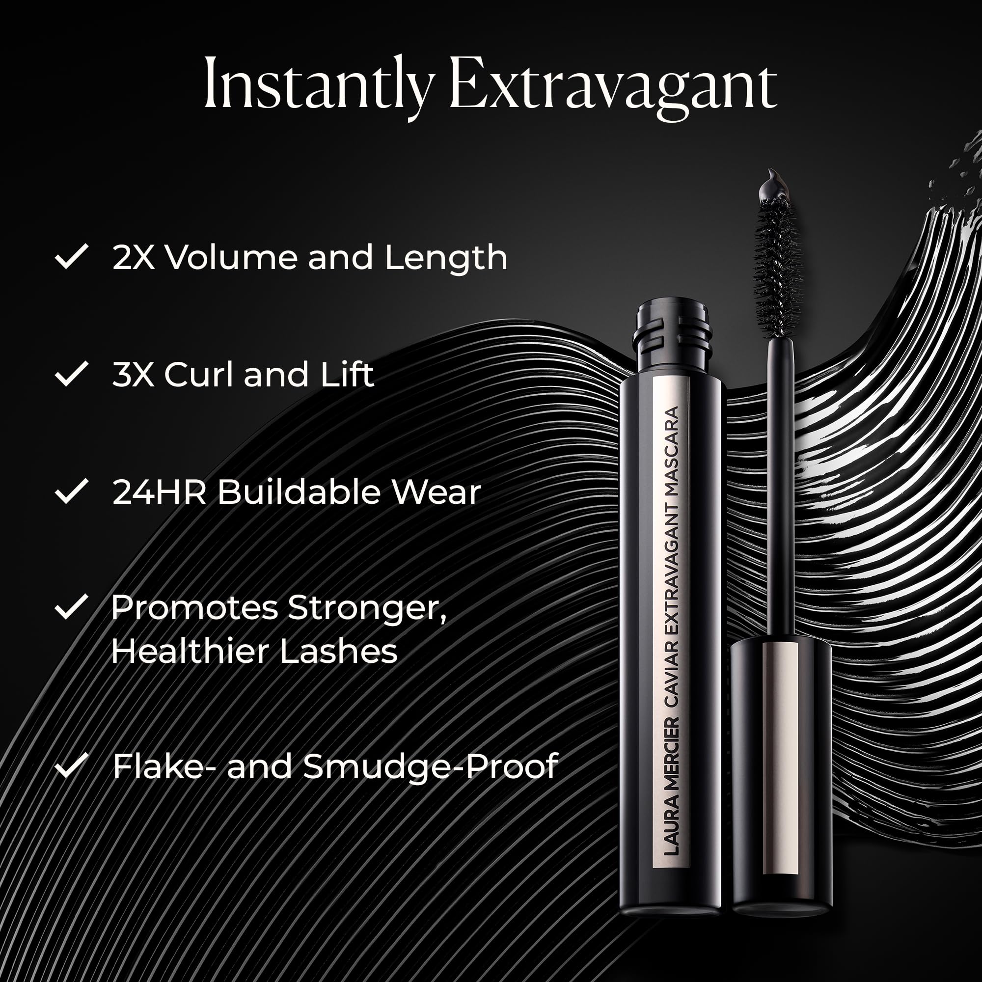 Laura Mercier Caviar Extravagant Mascara Volume and Length, 3X Curl and Lift, 24HR Buildable Wear, Promotes Stronger, Healthier Lashes, Intense Black, Smudge- & Transfer-Proof