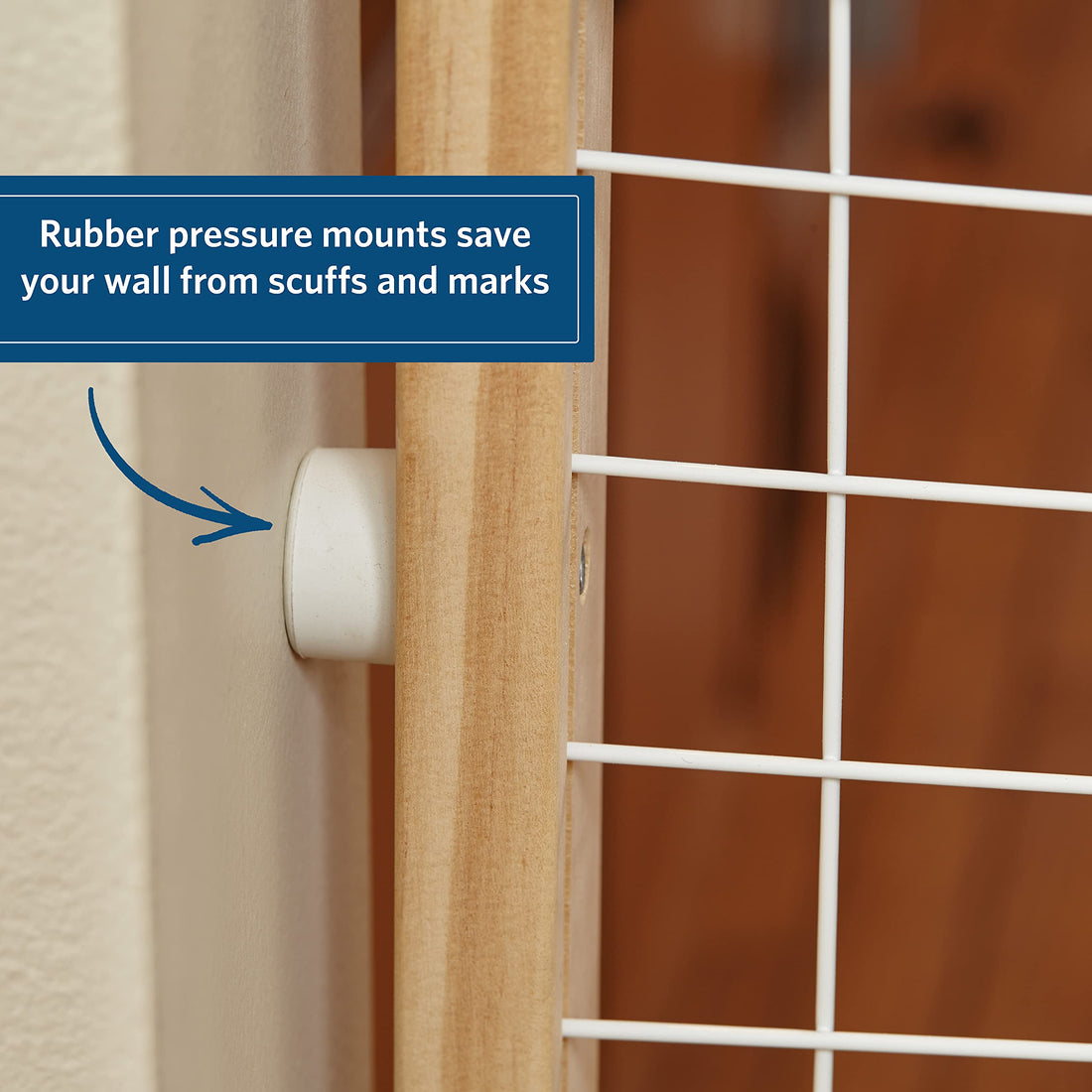 MidWest Homes for Pets Wire Mesh Pet Safety Gate, Pressure Mounted Dog Gate Measures 32 Inches Tall & Expands to 29-50 Inches Wide, Natural Wood & White Powder Coated Wire Mesh