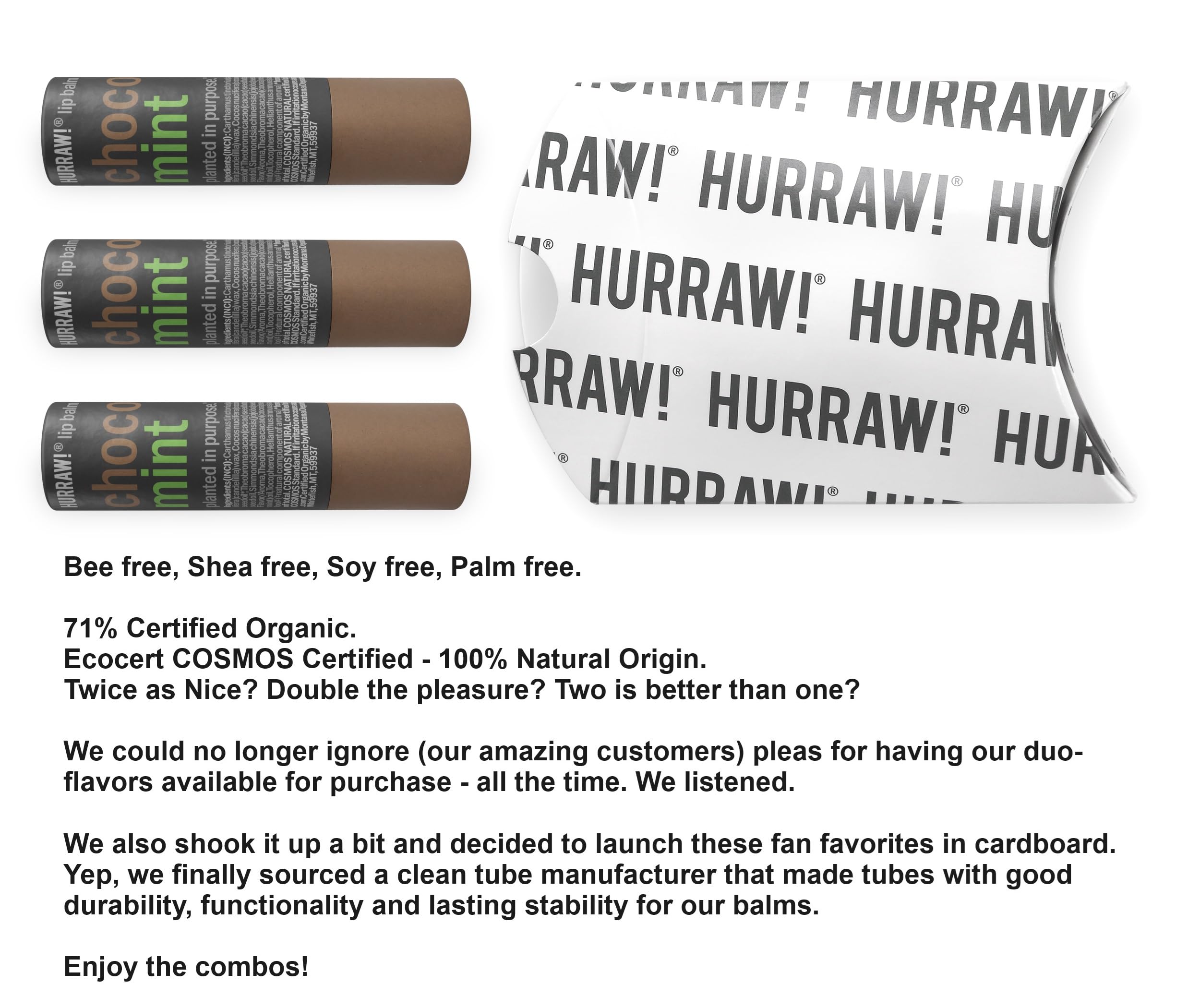 Hurraw! Chocolate & Mint Lip Balm, 3 Pack: Plastic-Free with new cardboard push-up tube. Certified Organic, All Natural Origin, Vegan & Cruelty Free. Gluten, Bee, Shea, Soy & Palm Free. Made in USA