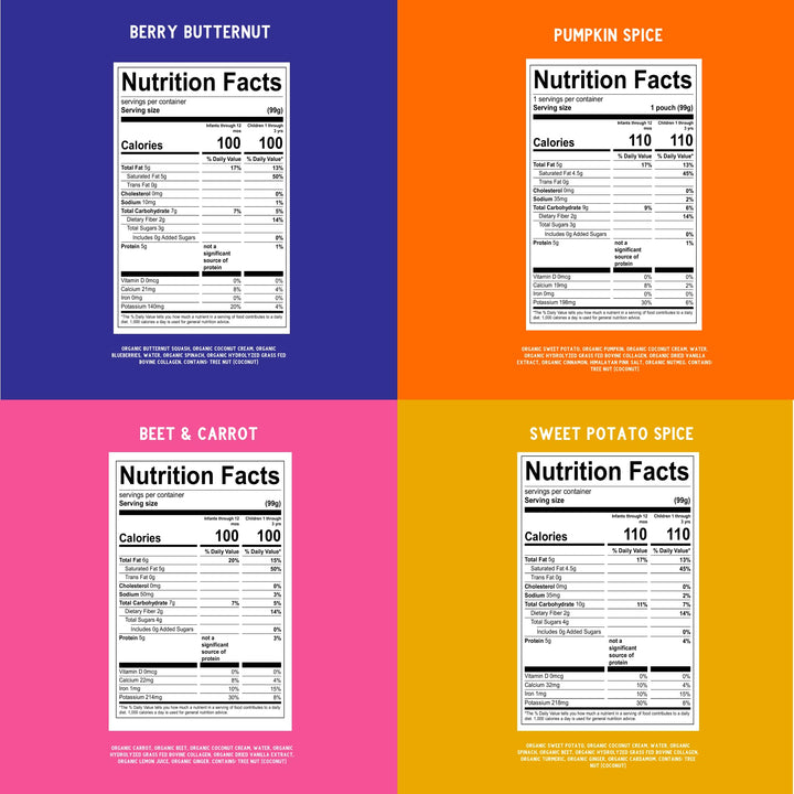 Serenity Kids 6+ Months Dairy-Free Smoothie Baby Food - USDA Organic Grass-Fed Collagen Protein - 3.5 Oz BPA-Free Pouches - Variety Pack (8 Count) - Baby Smoothie Pouch Set