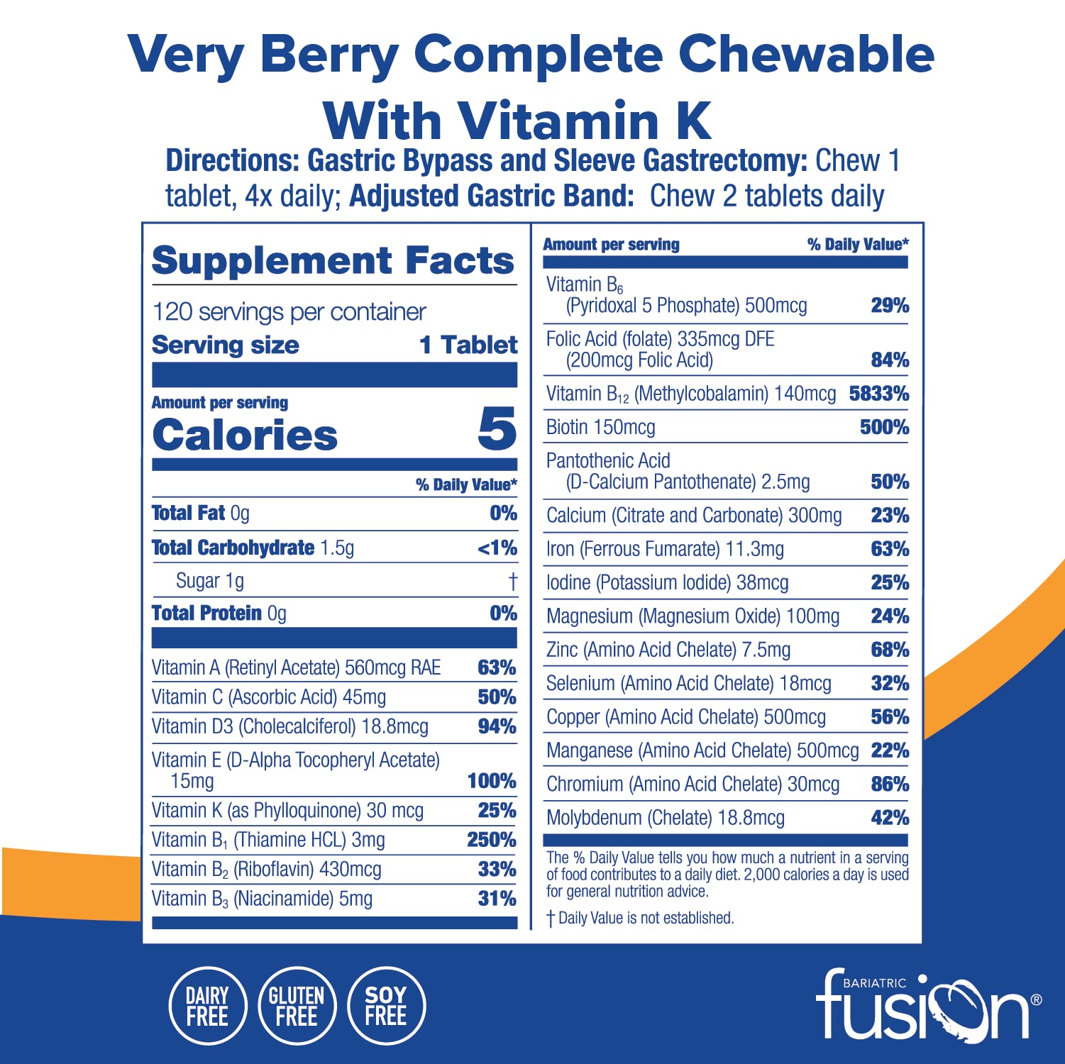 Bariatric Fusion Very Berry Complete Chewable Bariatric Multivitamin with Iron and Vitamin K for Bariatric Surgery Patients Including Gastric Bypass and Sleeve Gastrectomy - 120 Tablets