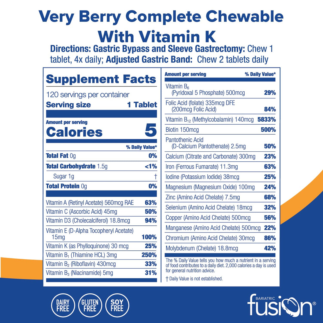 Bariatric Fusion Very Berry Complete Chewable Bariatric Multivitamin with Iron and Vitamin K for Bariatric Surgery Patients Including Gastric Bypass and Sleeve Gastrectomy - 120 Tablets