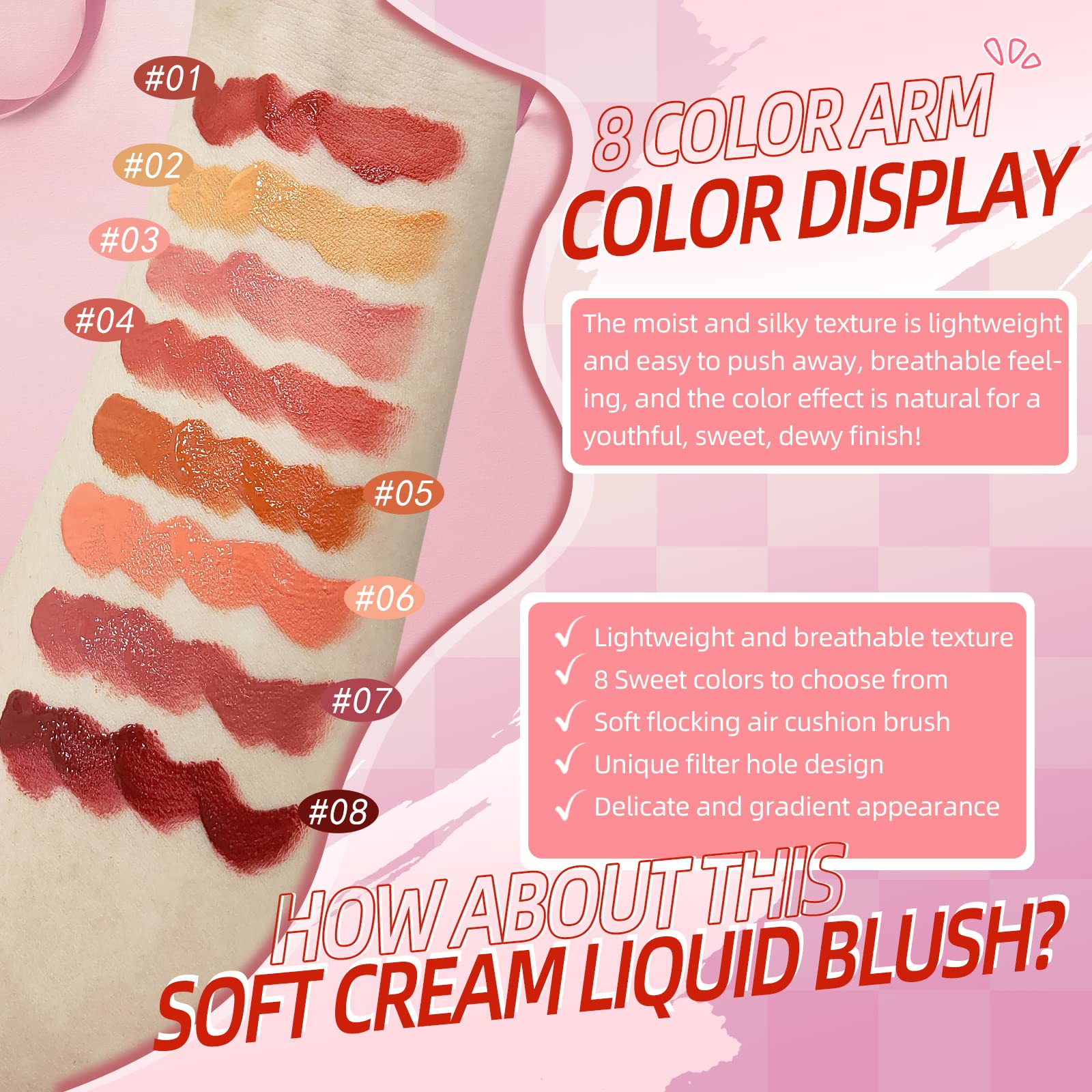 BEFIVECOK Liquid Blush for Cheeks, Soft Cream Blush with Cushion Applicator, Dewy Finish Matte Velvet Texture, High-Pigmented Blendable, Long-Wearing Rubor Makeup | #05 ENERGETIC-Coral Orange