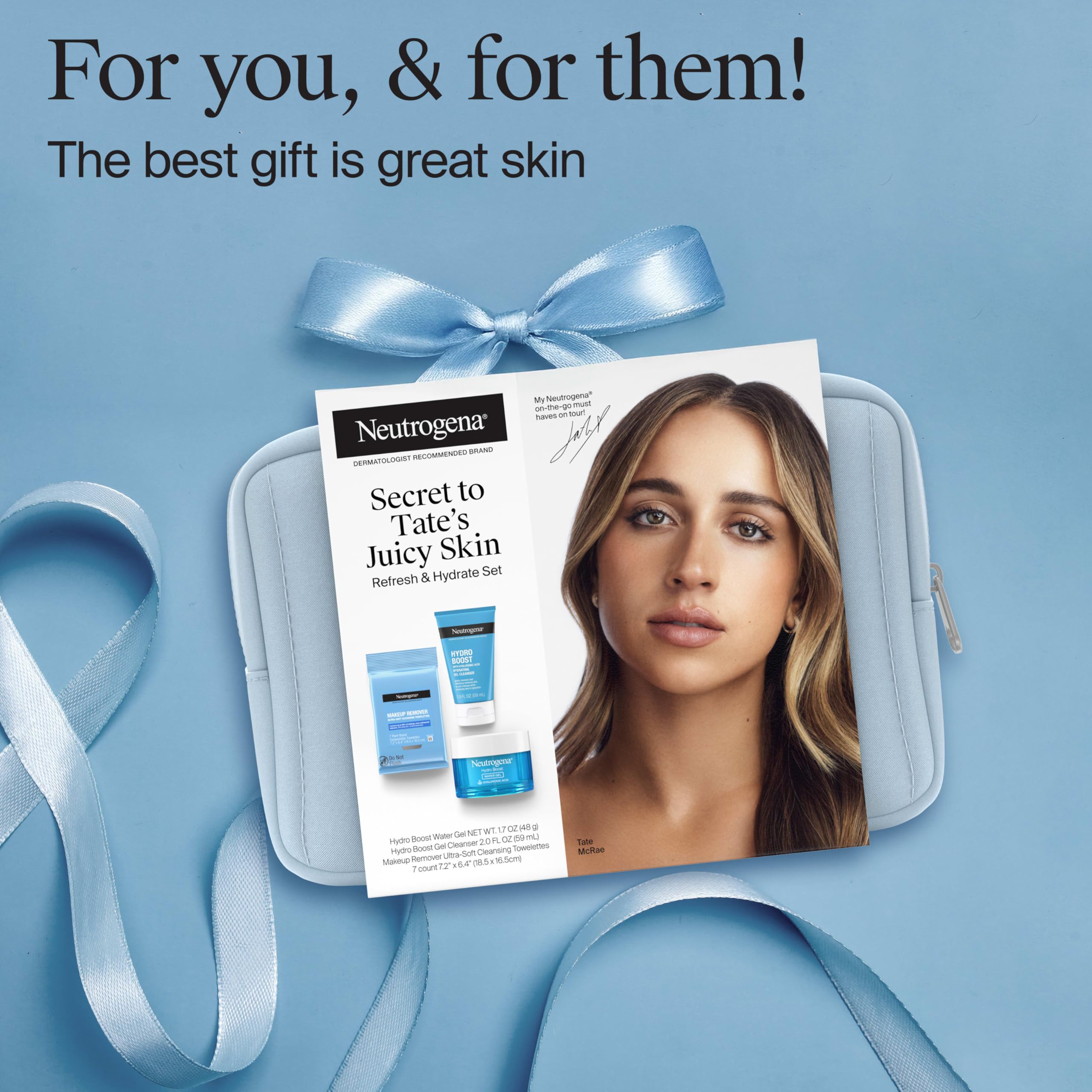 Neutrogena Refresh & Hydrate Skin Care Set, Gift Set with Tate McRae's Must-Haves, Includes Makeup Remover Wipes, Gel Facial Cleanser, & Water Gel Face Moisturizer, Travel Size, 3 Items